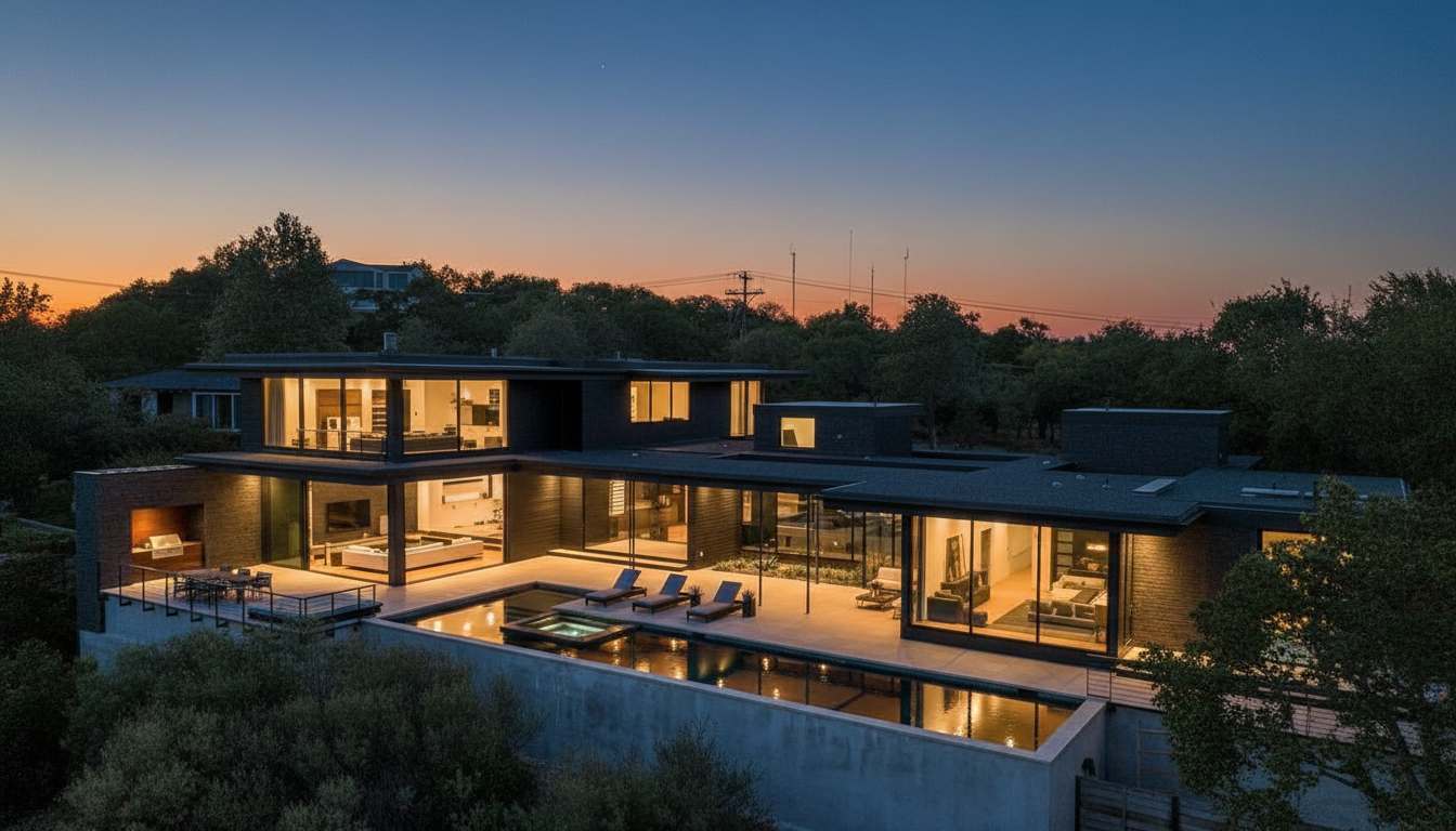 This is an aerial view of a modern house at dusk, showcasing its architectural design and outdoor amenities. The house features floor-to-ceiling windows, reflecting the interior lighting, and a sleek pool with lounge chairs laid out on the patio. The clean lines and contemporary style of the home, including the outdoor living spaces contribute to a luxurious and inviting ambiance.