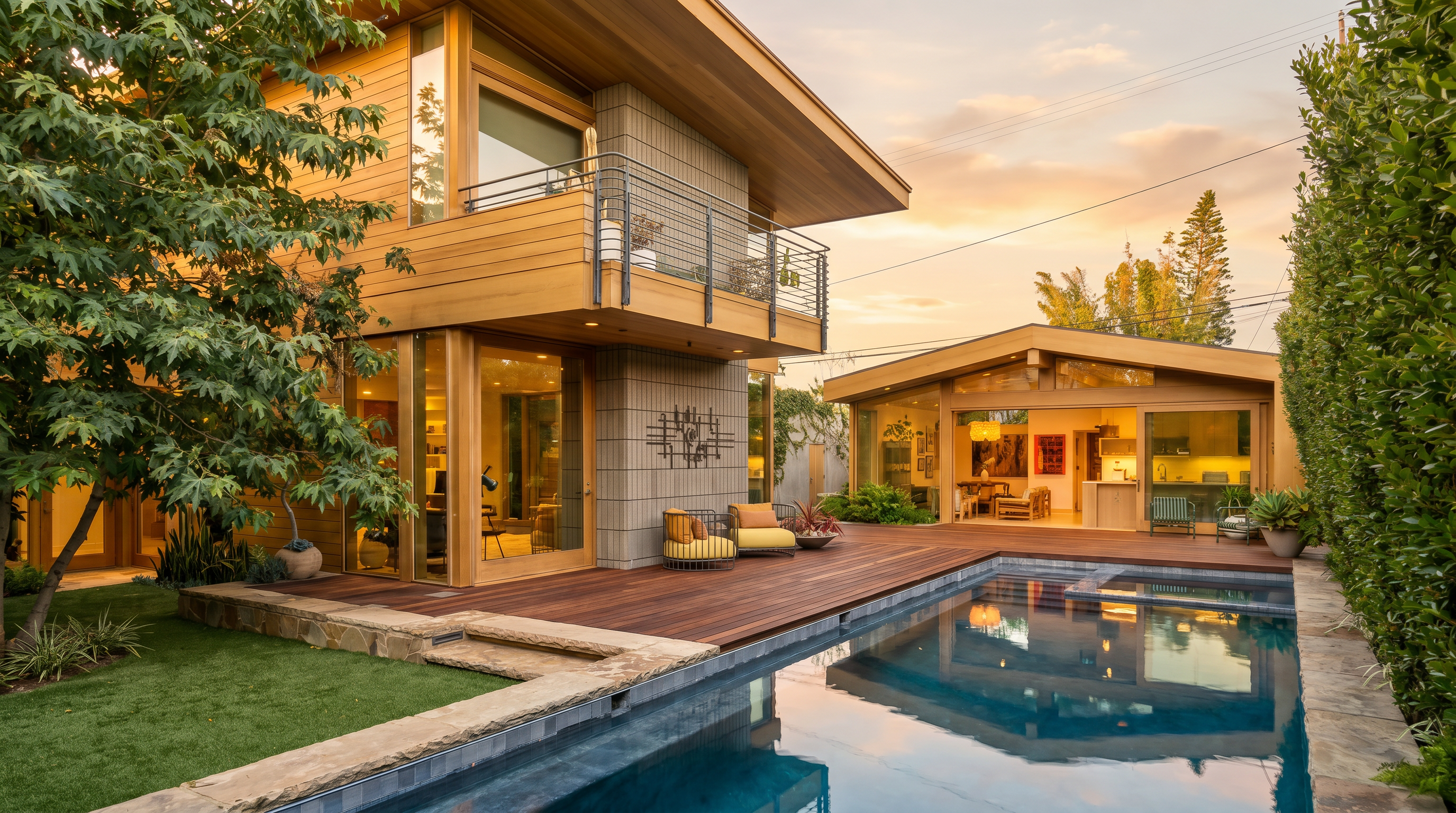 This modern, architectural home features a striking outdoor living space complete with a pristine rectangular pool and integrated spa. The property emphasizes seamless indoor-outdoor flow, with expansive glass sliding doors connecting the interior rooms to a sprawling wooden deck and lushly landscaped yard. The blend of warm wood cladding, stone accents, and sophisticated lighting creates a tranquil and high-end resort-like atmosphere perfect for entertaining.