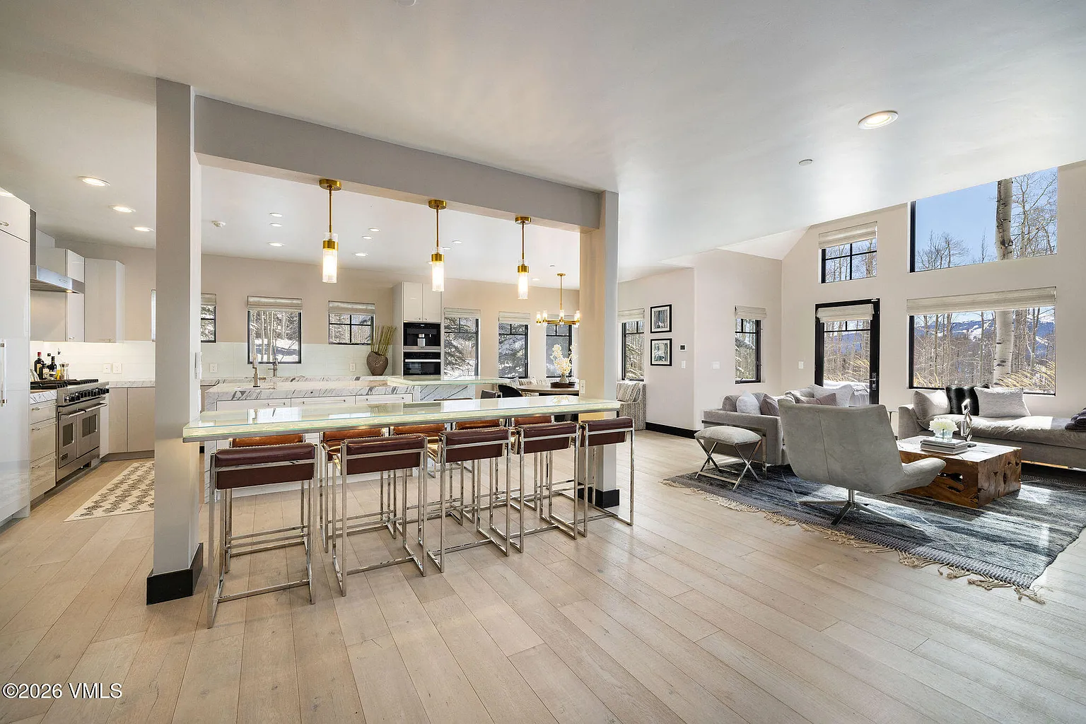 This is an interior shot showcasing a modern living room and kitchen area. The living room features a neutral color palette, with comfortable-looking sofas, an area rug, and large windows offering natural light and a view. The adjoining kitchen boasts a large island with seating, modern appliances, and sleek cabinetry, contributing to an open and airy feel, ideal for entertaining.
