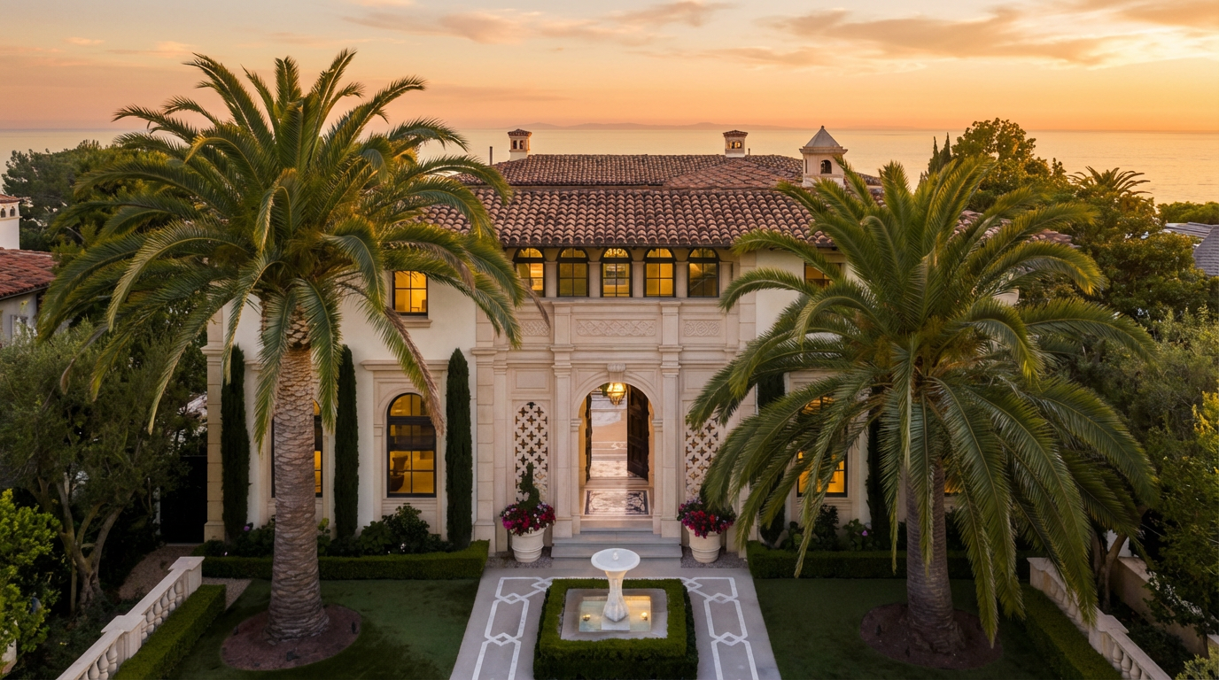 This is an eye-level exterior shot of a luxury Mediterranean-style home at sunset. Tall palm trees frame the facade, which features a grand arched entrance, a terracotta tile roof, and decorative stonework. The well-manicured lawn, fountain, and overall landscaping enhance the property's curb appeal and create a sense of elegance and exclusivity.