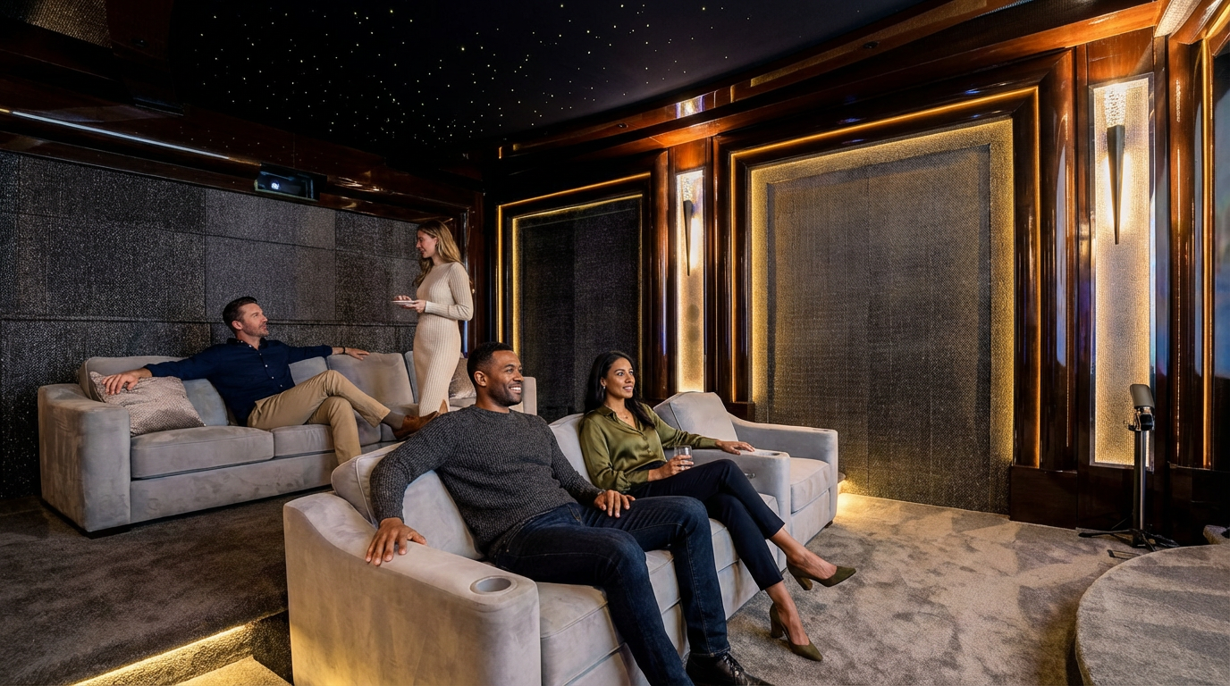 This is an interior shot of a luxurious home theater. The room features plush gray seating, illuminated wall panels, and a starry ceiling for an immersive viewing experience. The design exudes modern elegance and comfort, enhancing the entertainment experience.