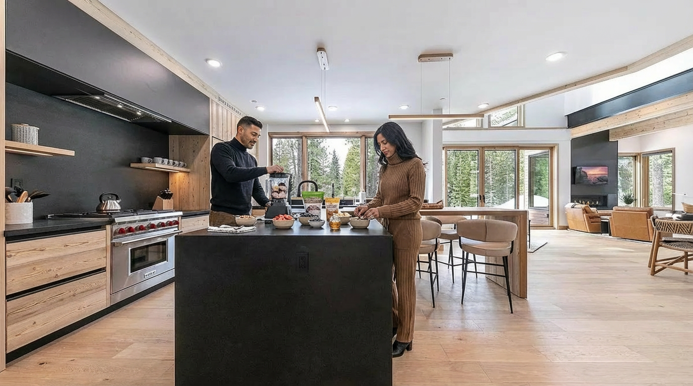 This is a modern kitchen featuring a large island with a dark countertop, wooden cabinetry, and stainless steel appliances. The kitchen has several windows which provide ample natural light and views of the surrounding environment. This space is designed for functionality, with a focus on a seamless blend with the outdoor scenery.