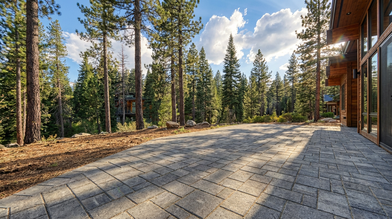 This image showcases a spacious patio area adjacent to a modern mountain home. The patio is constructed with gray, rectangular pavers, providing a clean and functional outdoor space. Towering evergreen trees surround the area, offering privacy and a natural backdrop.