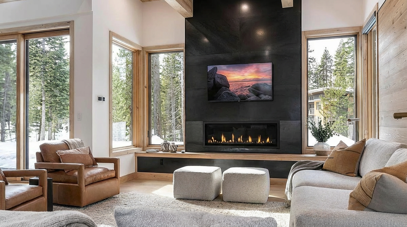 This is a bright and modern living room with large windows offering scenic outdoor views. The focal point is a sleek black fireplace with a mounted television above it. The room features comfortable seating arrangements including leather armchairs and a neutral-toned sofa, complemented by stylish ottoman and a cozy area rug.