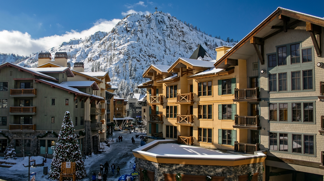 This image showcases the front exterior of multiple residential buildings in a snow-covered resort setting. The buildings feature a blend of architectural styles, with wood and stone accents, balconies, and varying rooflines. A picturesque mountain backdrop enhances the property's appeal, suggesting a desirable location for vacation or year-round living.