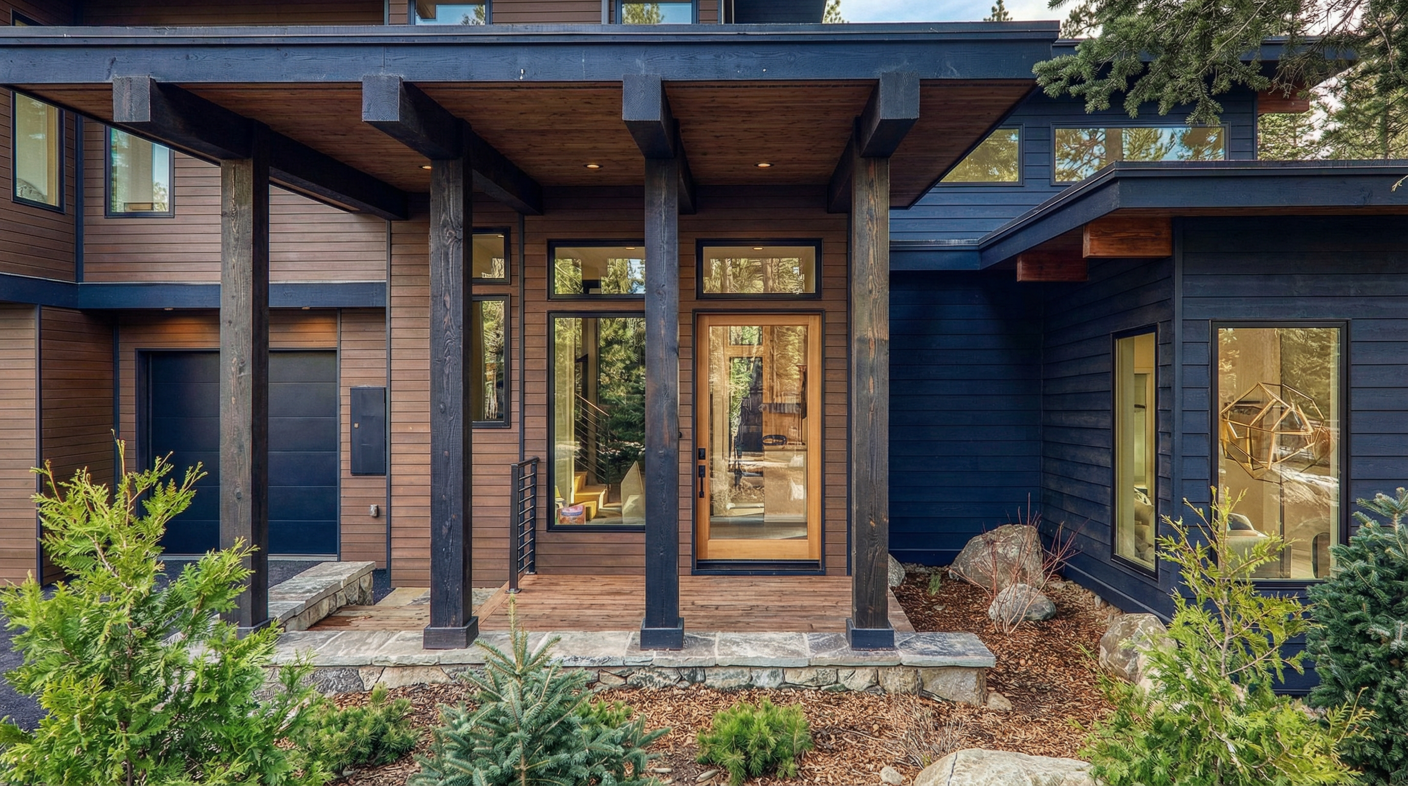 The image showcases the entryway of a modern home with a striking design. The entrance features a timber-framed porch with dark-stained wooden supports and a wooden ceiling. Attractive landscaping is present around the entrance, adding to the curb appeal of the property.