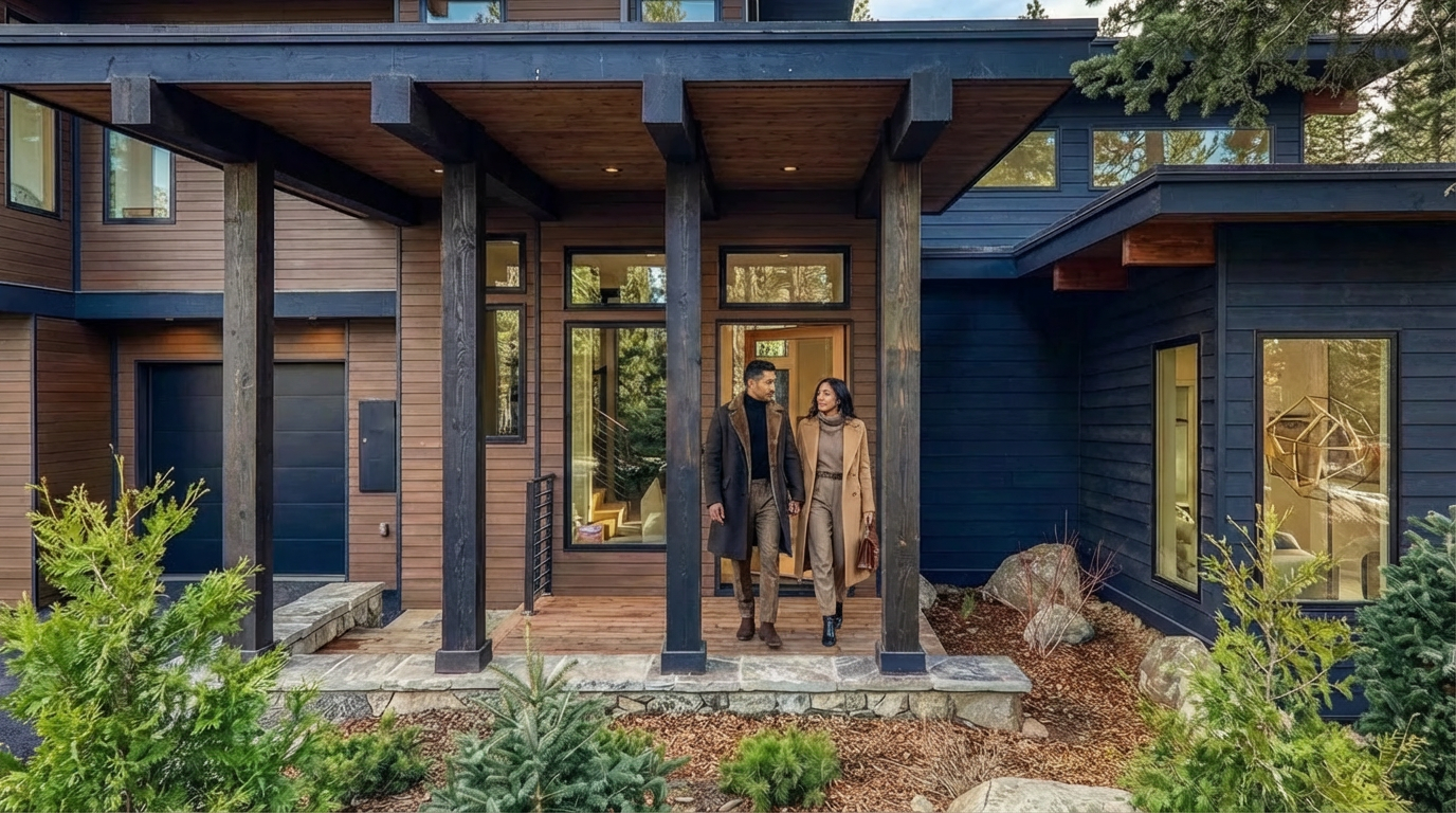 This image showcases the inviting entryway of a modern home. It features a covered porch with dark wooden beams and columns, complemented by stone accents. The couple at the entrance adds a sense of scale and life to the scene, highlighting the welcoming nature of the home.