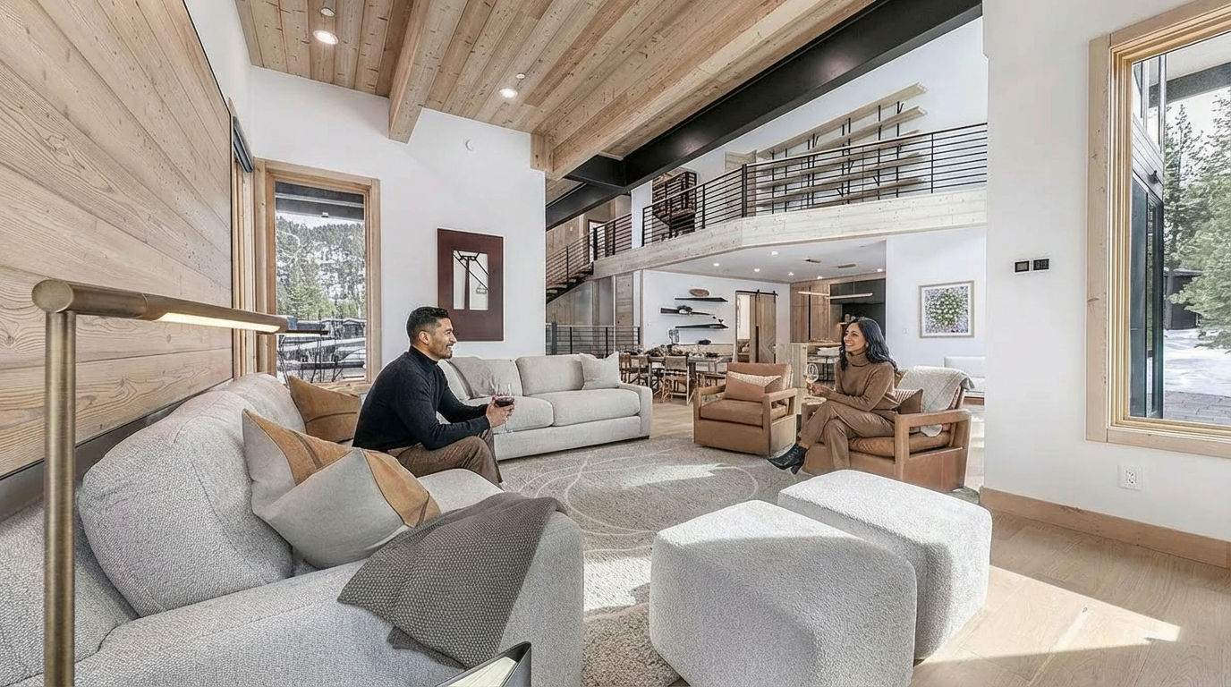 The image showcases a modern and spacious living room with high ceilings and exposed beams. A comfortable gray sofa and armchairs provide ample seating, while large windows offer views of the surrounding landscape. The open-concept design and neutral color palette create a warm and inviting atmosphere perfect for relaxation and entertaining.