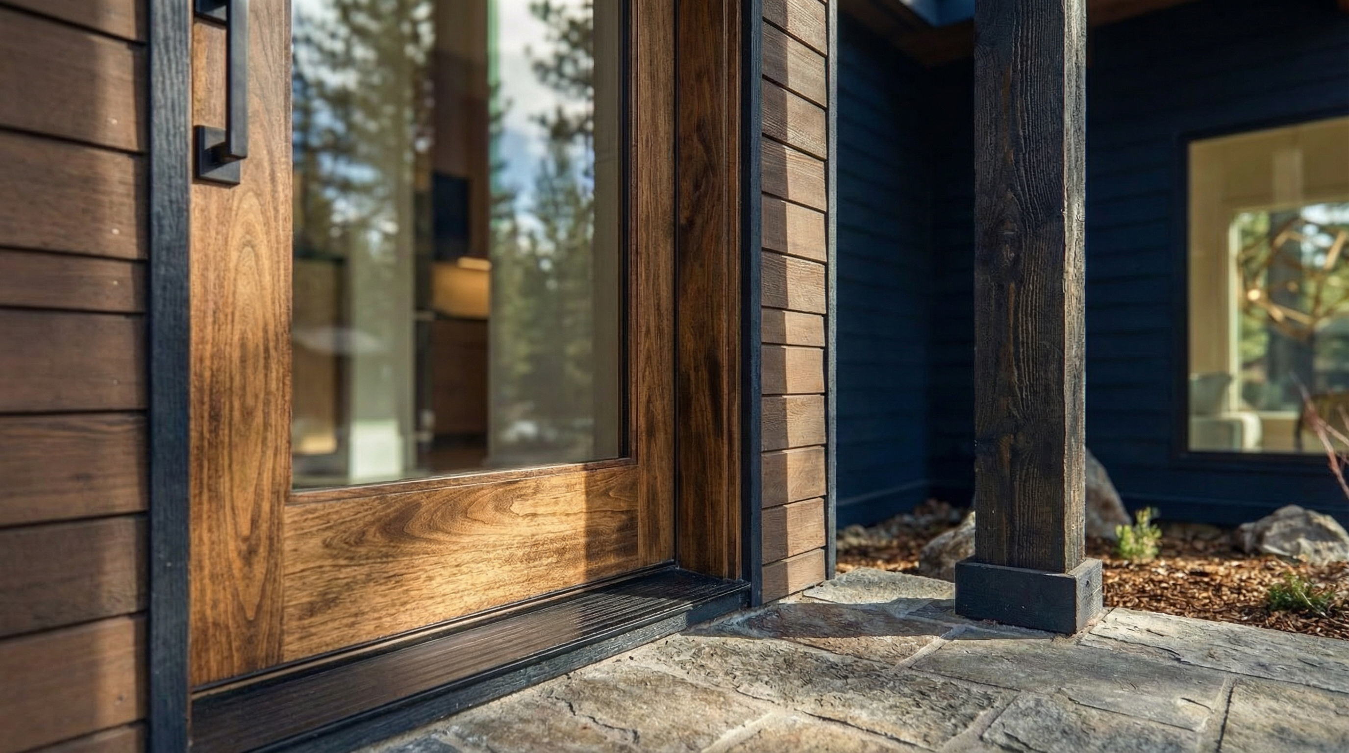 The image showcases a close-up of the entryway to a modern home. It features a wood door framed with dark accents, complemented by wood siding and a stone tile walkway. A dark wood post supports the entrance, adding a rustic yet contemporary touch to the exterior.