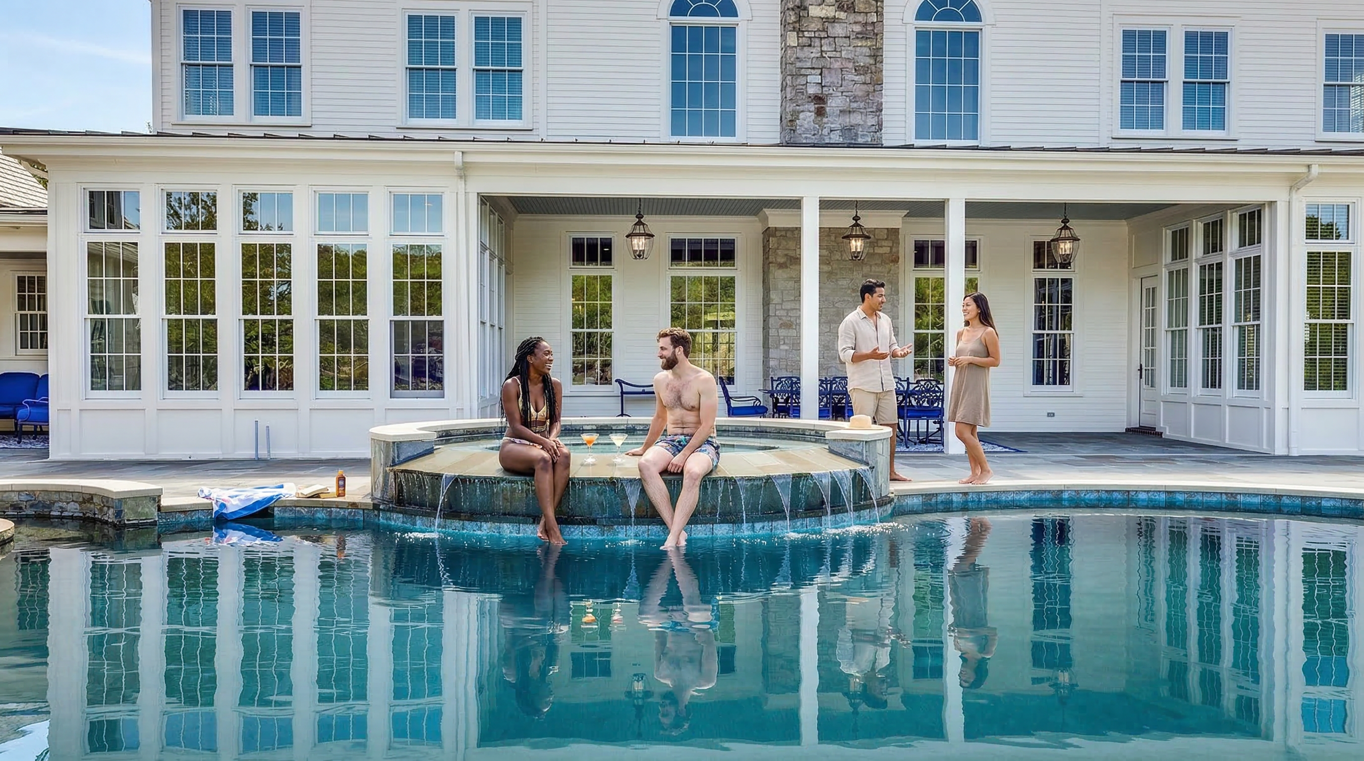 This stunning rear exterior features a bespoke stone-clad hot tub that cascades into a large, shimmering swimming pool. The home boasts classic white lap siding, elegant arched windows, and a spacious covered patio area ideal for entertaining. It creates a luxurious and welcoming backyard atmosphere perfect for relaxation and social gatherings.