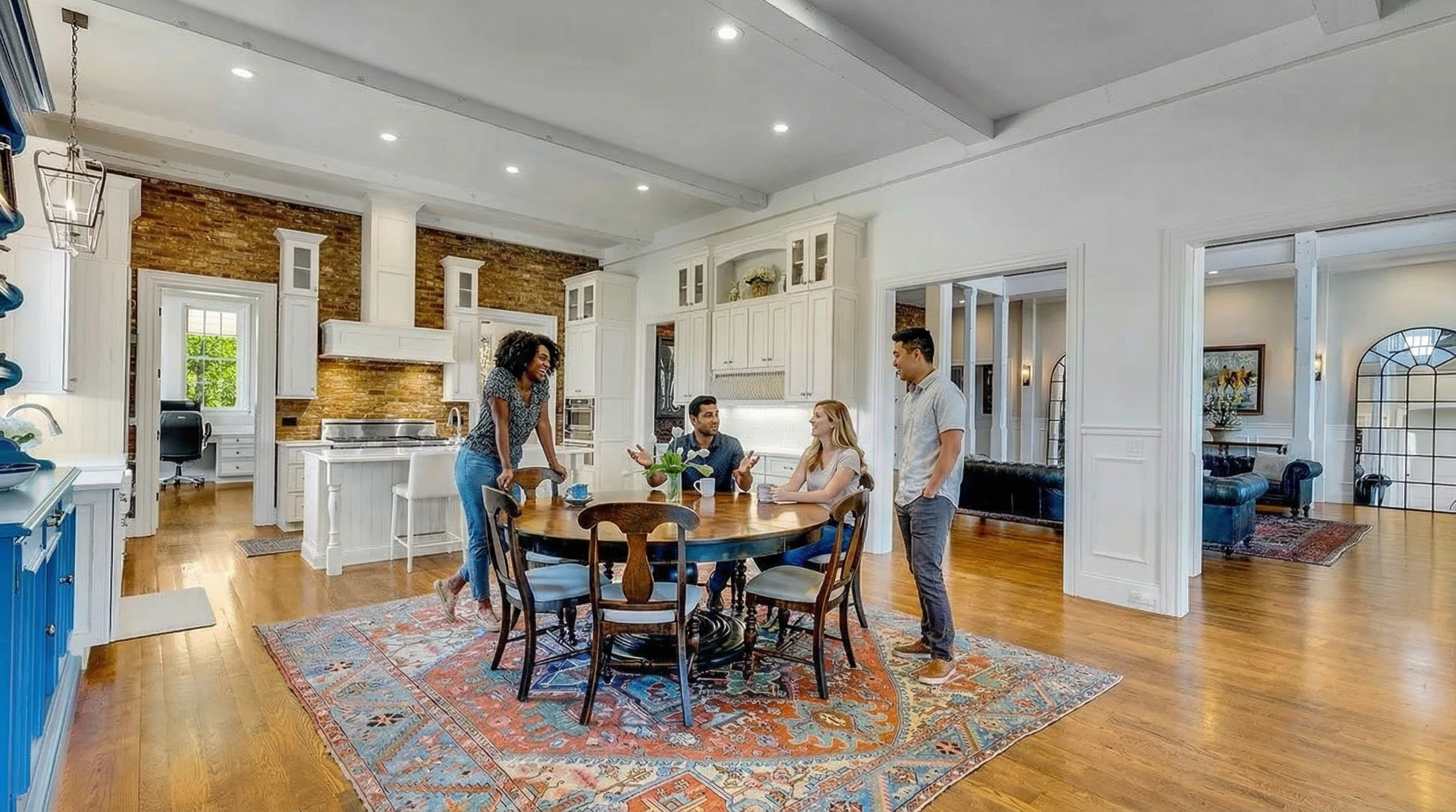 This spacious and airy kitchen features an open-concept design that seamlessly blends with a dining area, highlighted by a large central circular table. The space is beautifully appointed with crisp white cabinetry, a striking exposed brick accent wall, and a large hood range, creating a warm yet sophisticated aesthetic. Hardwood flooring, recessed lighting, and elegant architectural details like trimmed doorways further enhance the home's high-end appeal.