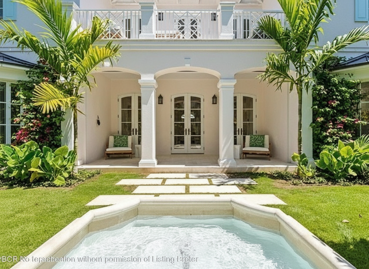 This exterior shot captures a meticulously landscaped yard with a serene water feature, likely a fountain or small pool. The home's facade is visible, featuring elegant architectural details such as arched openings supported by columns, exuding a sophisticated and inviting ambiance. Lush greenery and well-maintained grass contribute to the property's curb appeal.