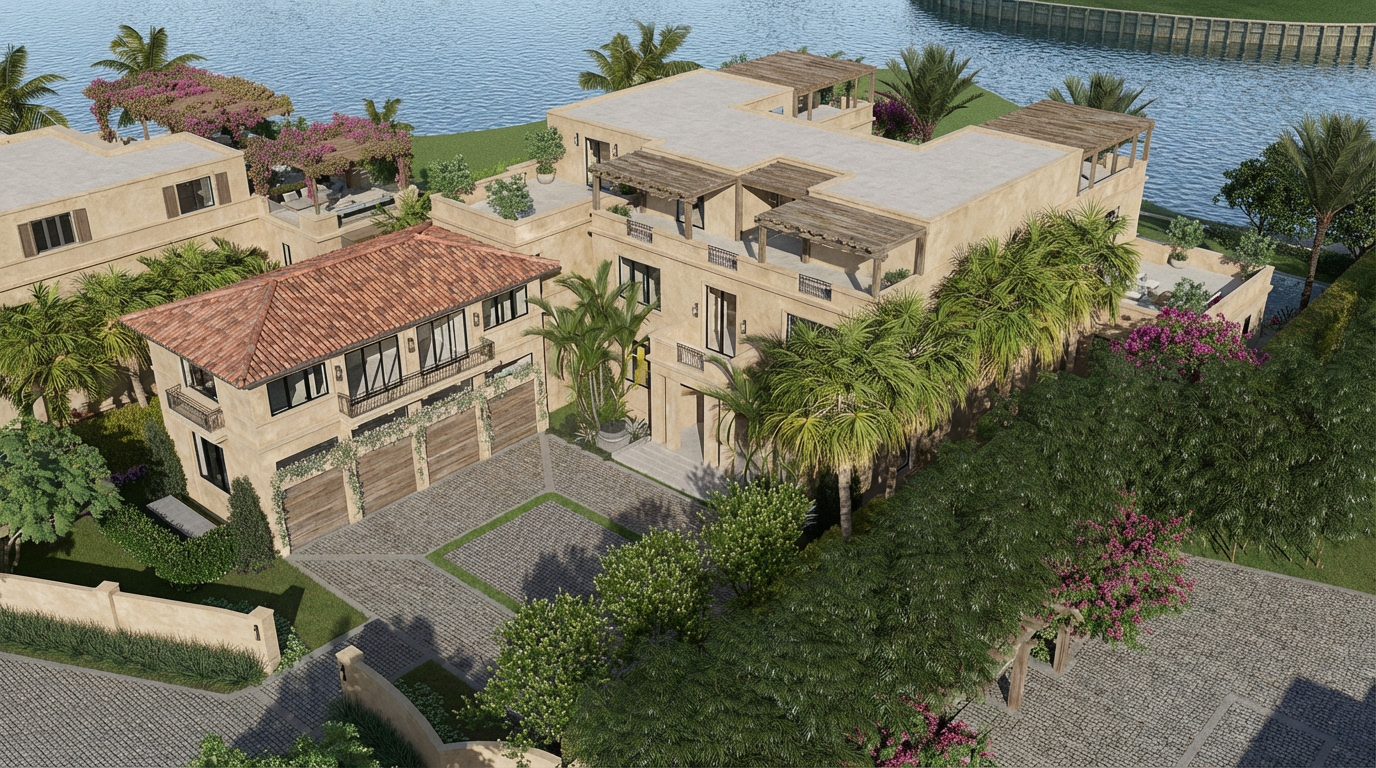 This aerial shot showcases a luxurious property with a mix of architectural styles. The houses feature elements like terra cotta roofs, stucco exteriors, and private balconies with wooden pergolas, integrating seamlessly with well-manicured landscaping. The view also reveals the property's waterfront location and access to green spaces.