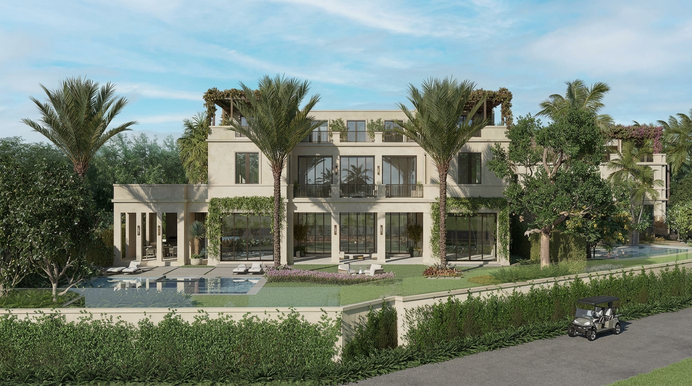 This image showcases the rear exterior of a luxurious multi-story home. Visible features include a swimming pool, manicured lawn, several palm trees, and a golf cart on the driveway. The building's architecture is clean and modern, with large windows and balconies overlooking the spacious backyard.