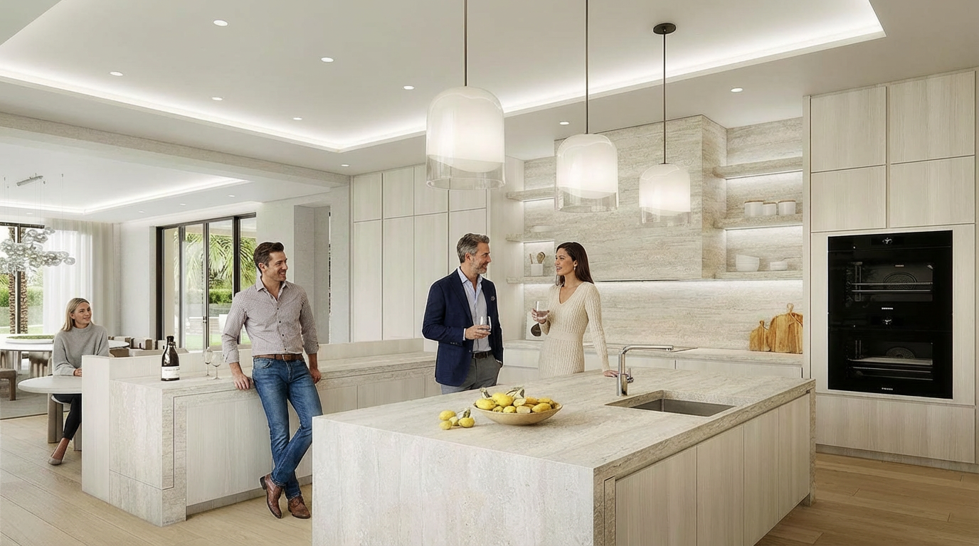 This is a bright, modern kitchen featuring a large island with light-colored stone countertops. The cabinetry is a light wood tone, complemented by stainless steel appliances and stylish pendant lighting. The open floor plan connects to a dining area, making it an ideal space for entertaining.