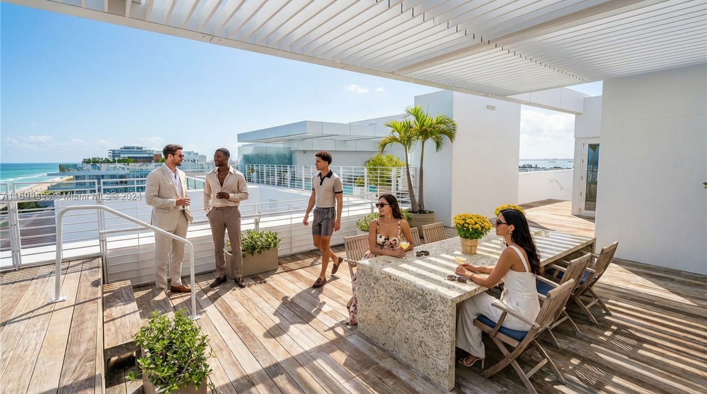 This image showcases a stylish rooftop deck or balcony. Modern design elements include a pergola, potted plants, and sleek furniture. The area offers an inviting space for relaxation and entertaining, with scenic views of the ocean and city skyline.