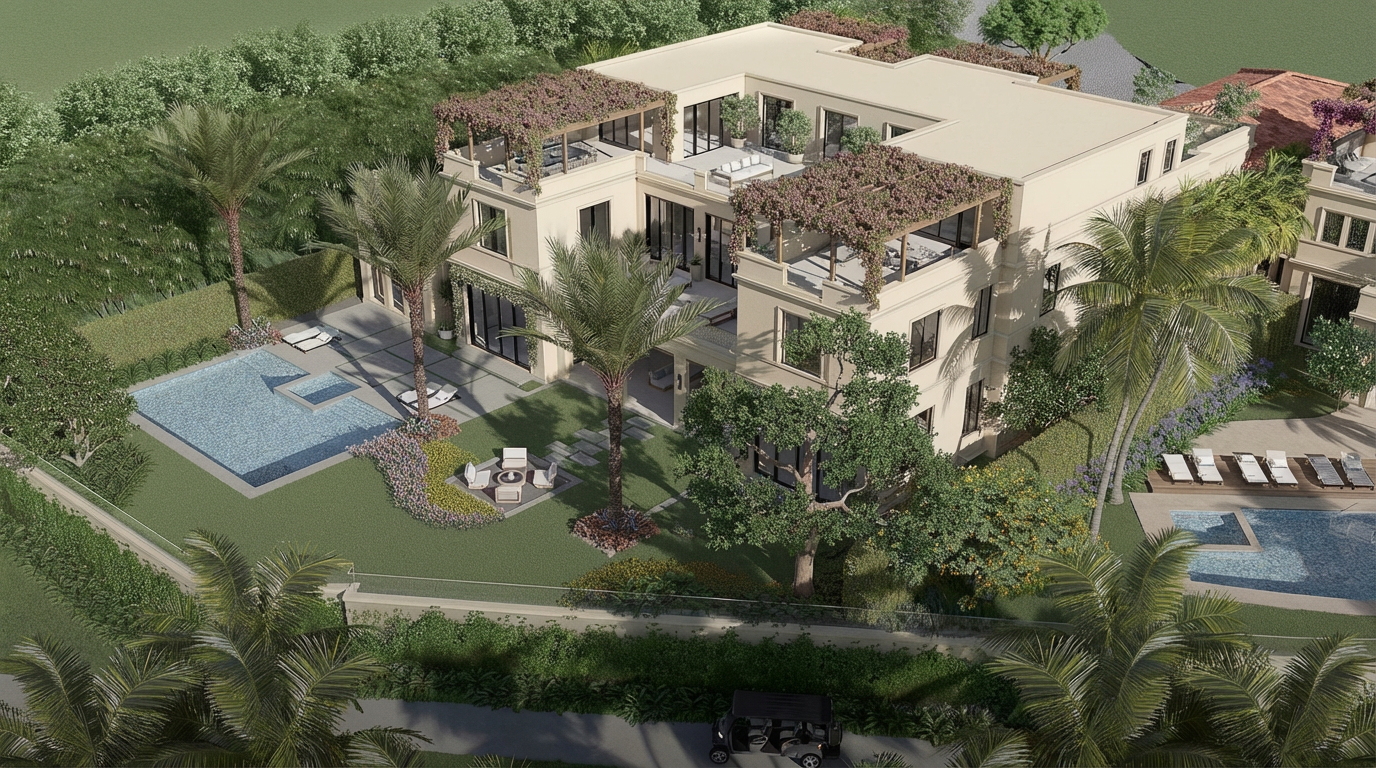 This aerial view showcases a luxurious estate with multiple outdoor amenities. Key features include two swimming pools, meticulously landscaped gardens, and a spacious multi-level residence with pergola-covered terraces. The property exudes a sense of exclusivity and high-end living.