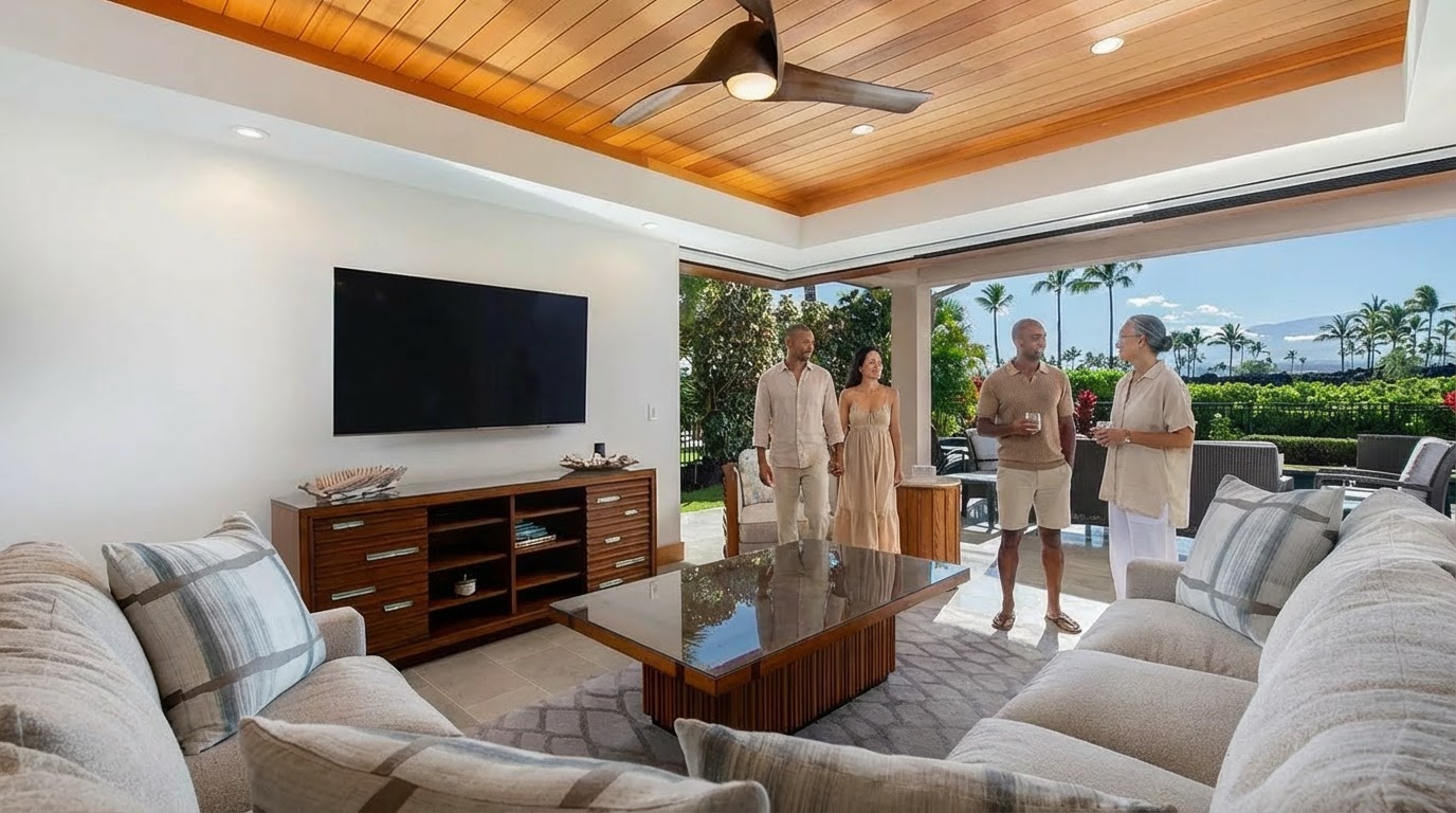 This is a bright and airy living room that seamlessly blends indoor and outdoor spaces. The room features a large flat-screen TV, a modern coffee table, and comfortable seating. The open doorway leads to an outdoor patio with views of lush landscaping, enhancing the appeal of indoor/outdoor living.