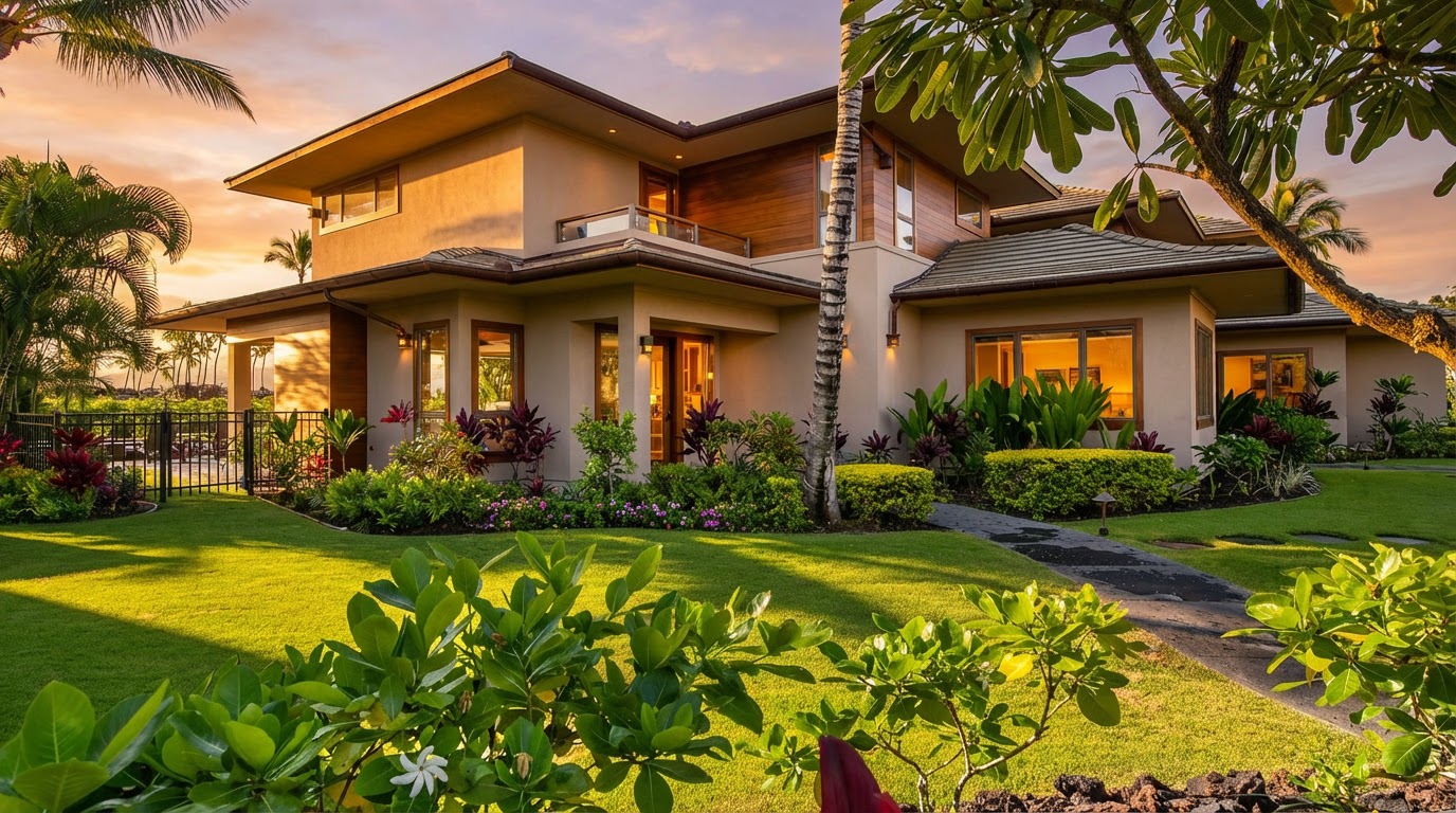 This is a front exterior view of a luxurious, modern two-story house with a well-manicured lawn and garden. The house features a combination of wood and stucco textures, a tile roof, and multiple windows with warm lighting, creating a welcoming atmosphere. Mature trees and landscaping enhance the property's curb appeal.