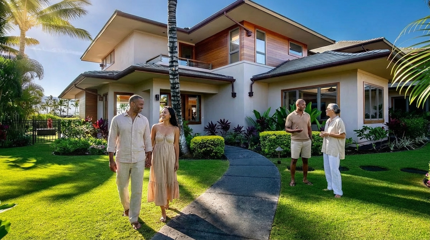 This image showcases a beautiful home exterior with a well-maintained yard and garden. A paved pathway leads to the house, and there are neatly trimmed hedges, vibrant plants, and lush green grass. The exterior features a modern architectural design with a combination of wood and stucco finishes. The overall impression is inviting and well-manicured.