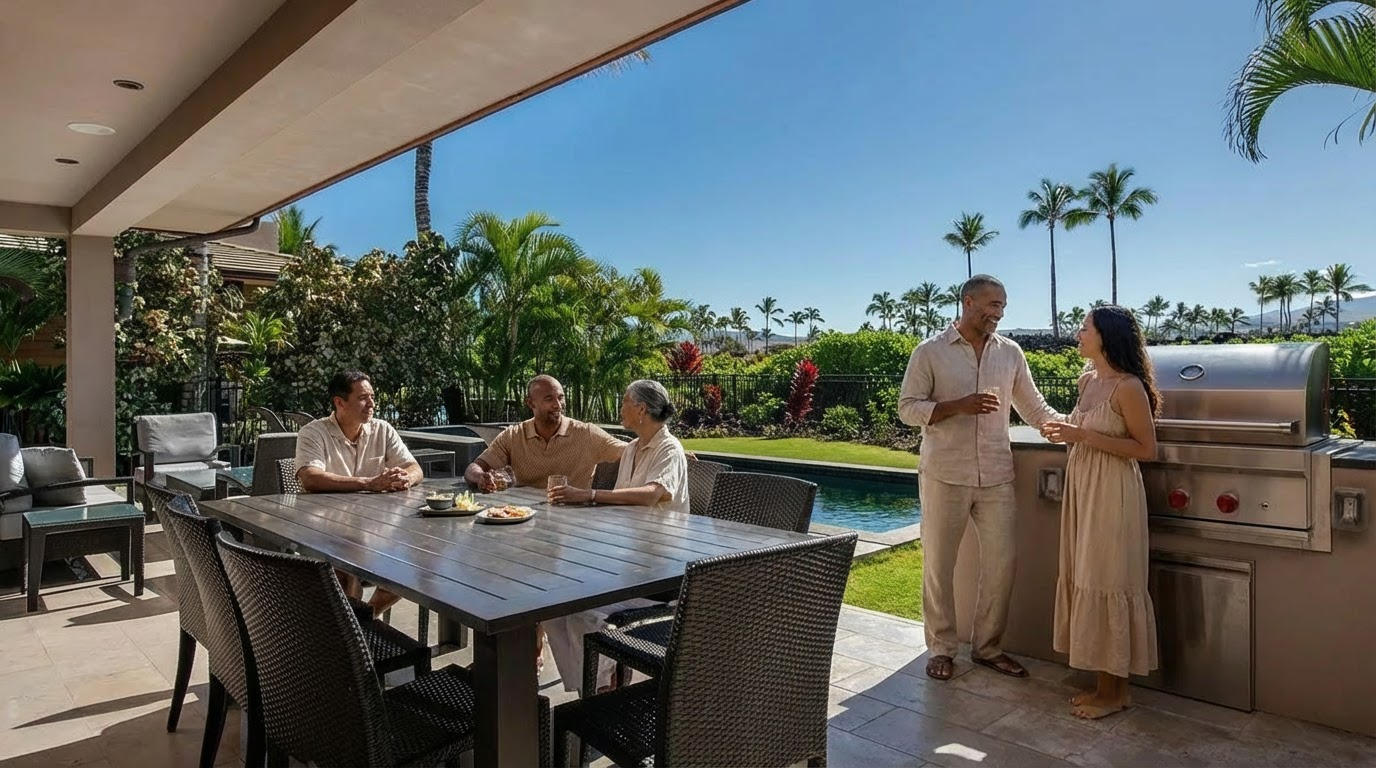 This exterior shot showcases a well-appointed patio area perfect for entertaining. A large dining table with ample seating is the focal point, while a built-in grill and counter area suggest outdoor cooking capabilities. The patio overlooks a lush garden and pool, creating a relaxing and inviting atmosphere.