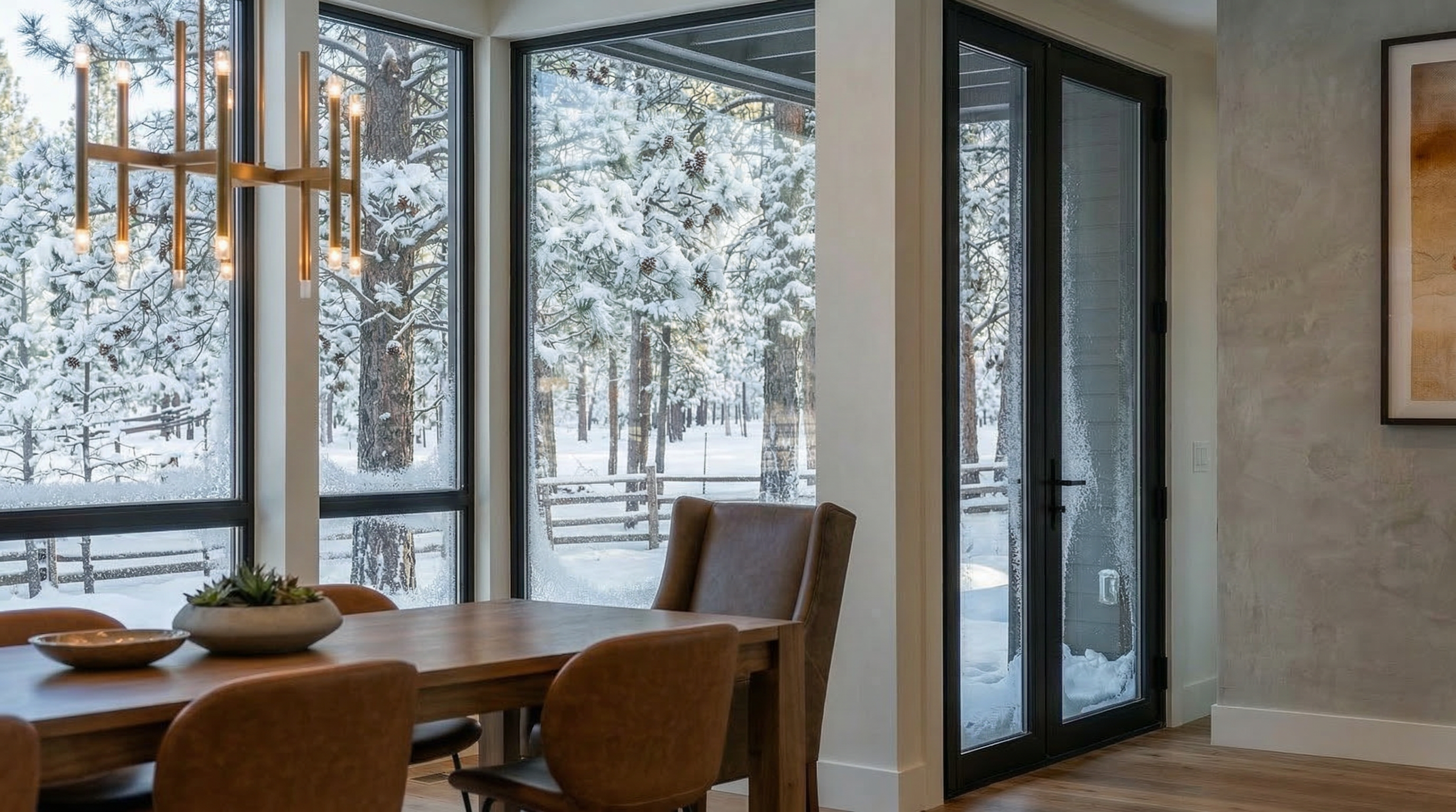 An interior shot of a dining room showcases a wooden table set with decor and surrounded by brown leather chairs. Large windows offer a view of a snowy, wooded landscape, creating a cozy and inviting atmosphere. The modern chandelier and natural light enhance the room's appeal, desirable for potential homebuyers.