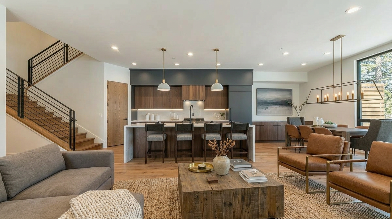 This is an interior shot of a modern, open-concept living space. The room features a staircase, a living area with seating, a dining area with a modern pendant light, and a kitchen with an island and bar stools. The space has a warm and inviting feel with natural light and wood flooring.