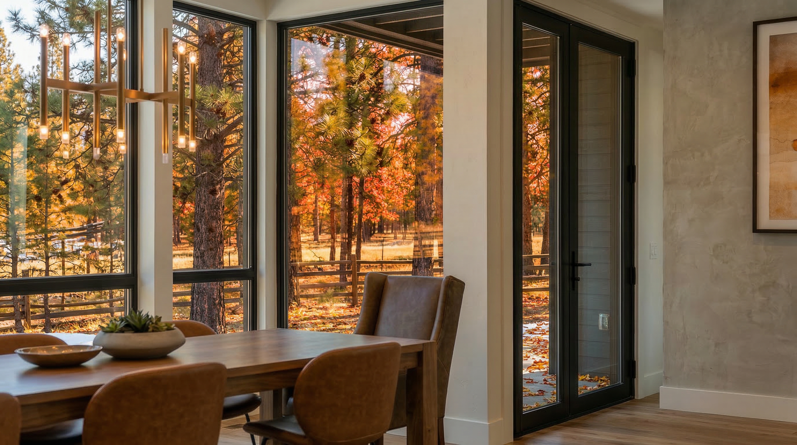 This is a dining room featuring a wooden table and chairs. Large windows provide ample natural light and a view of falling leaves on trees outside, creating a warm and inviting atmosphere. An elegant chandelier hangs above the table, adding a touch of sophistication.