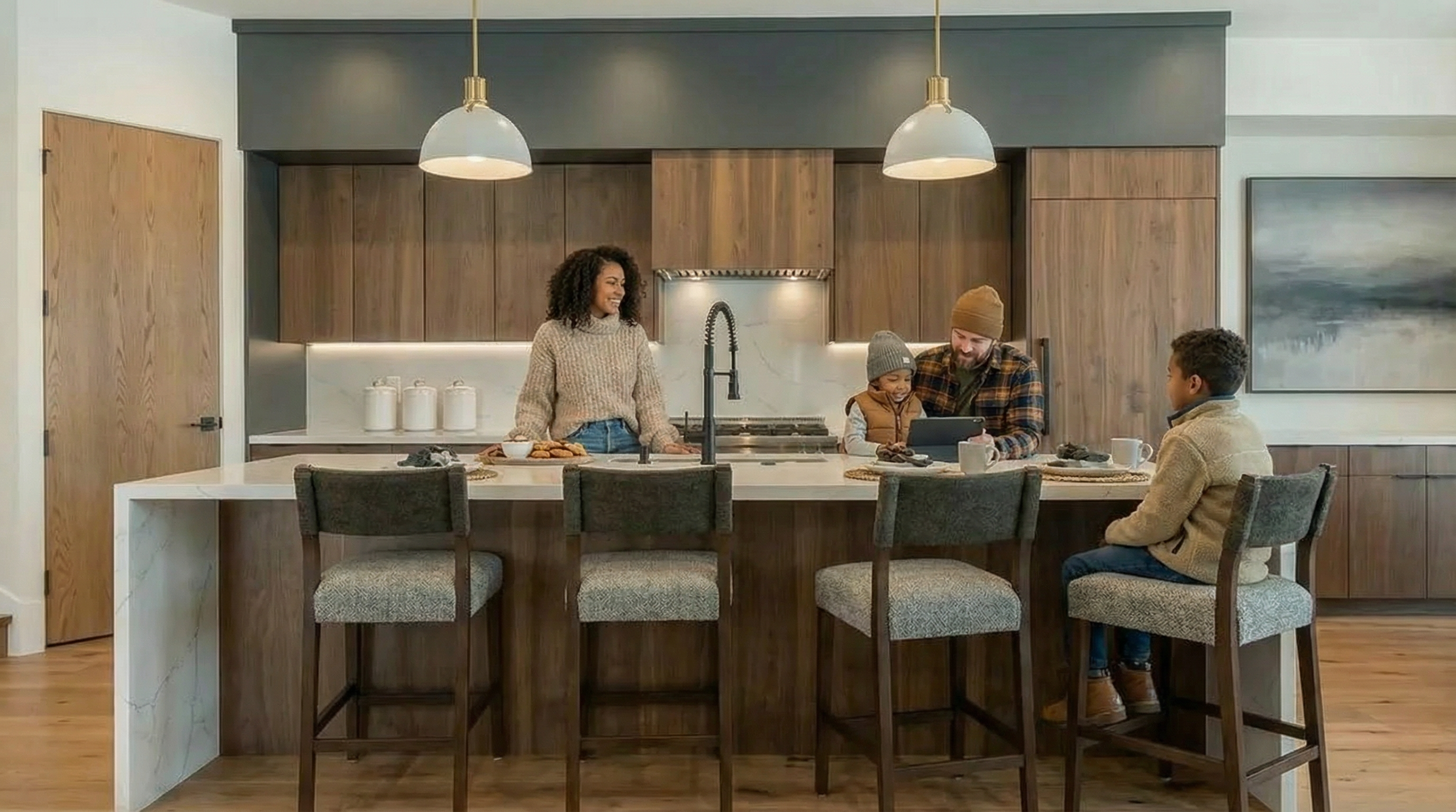 The image showcases a modern kitchen with sleek wood cabinetry and a prominent kitchen island featuring a waterfall countertop. Stylish bar stools line the island, creating a welcoming space for dining or socializing. The kitchen is well-lit with pendant lighting and features modern appliances, contributing to a comfortable and contemporary atmosphere.