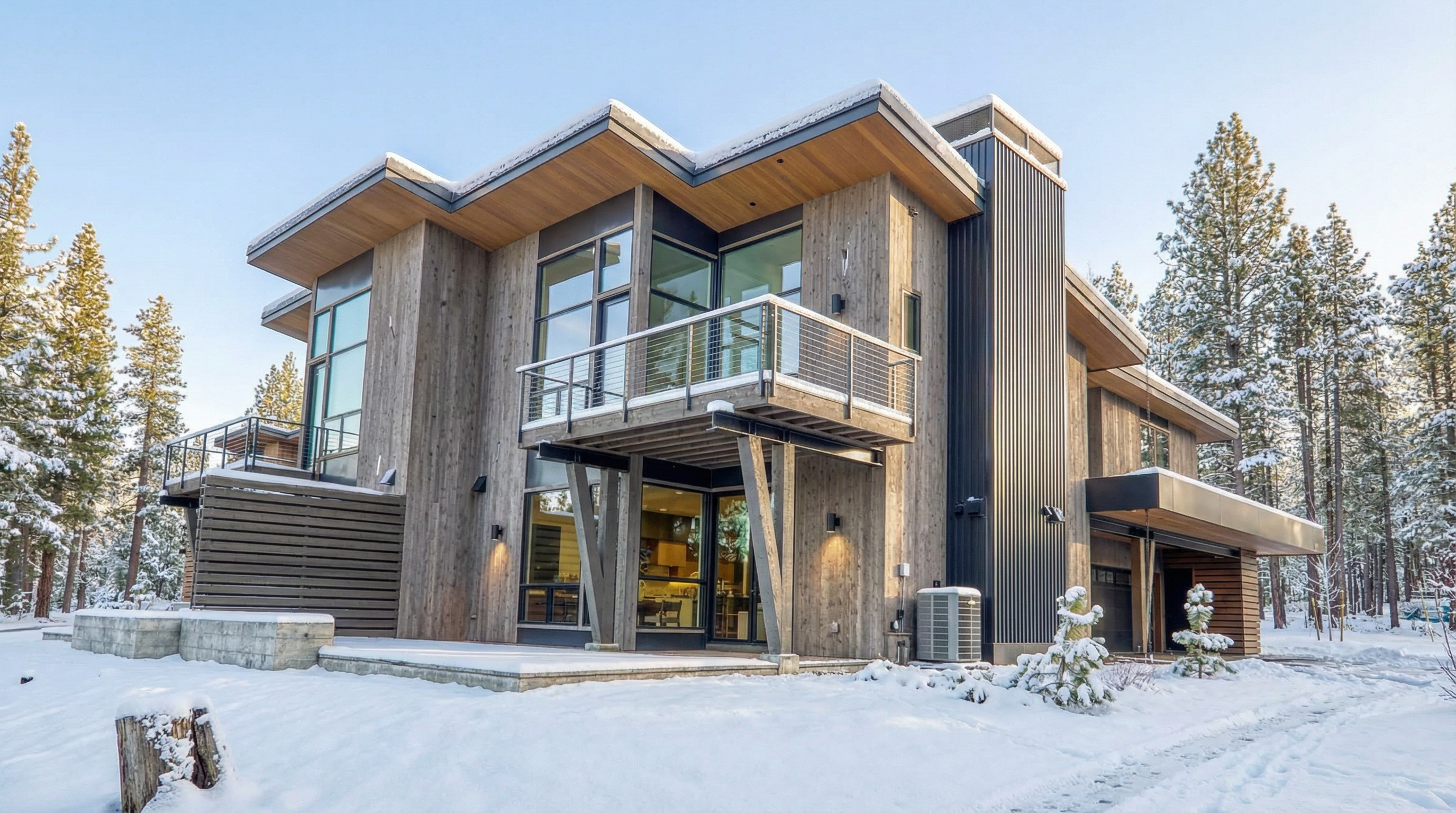 This is a front view of a modern, two-story house with a wood and metal exterior. The house features large windows, a balcony, and a flat roof with wood soffits. The property is surrounded by snow-covered trees, creating a serene and inviting atmosphere.