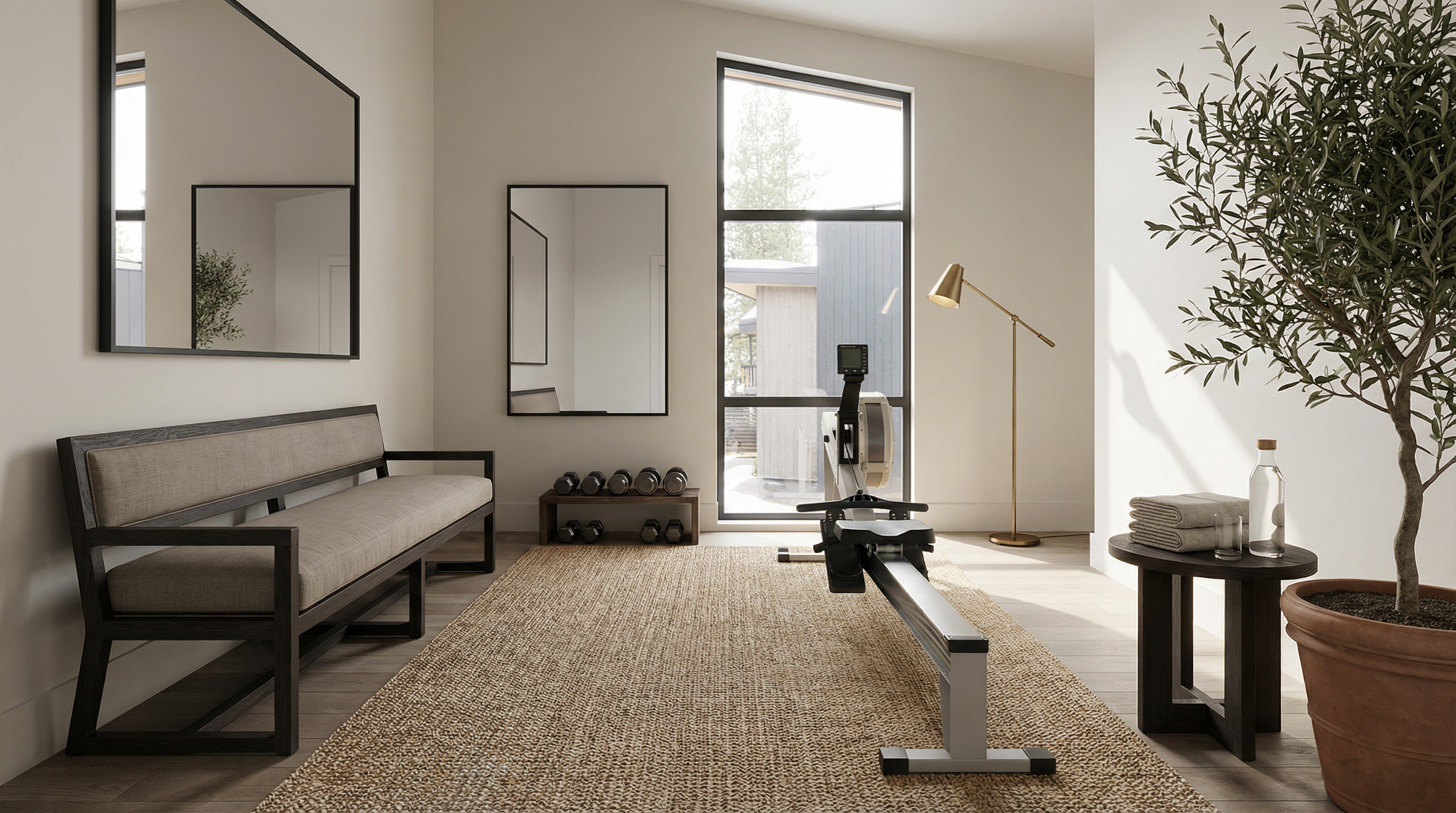 The image showcases a well-lit home gym featuring modern decor and exercise equipment. A rowing machine takes center stage, complemented by a dumbbell rack and a comfortable bench. Natural light floods the space through a large window, enhancing the inviting atmosphere.