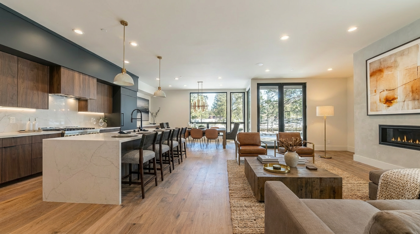 This interior shot highlights an open-concept living space, seamlessly integrating the kitchen, dining area, and living room. The design features hardwood floors, a modern fireplace, and large windows that provide ample natural light. The space promotes a sense of contemporary elegance and comfortable living, ideal for showcasing the property's appeal.