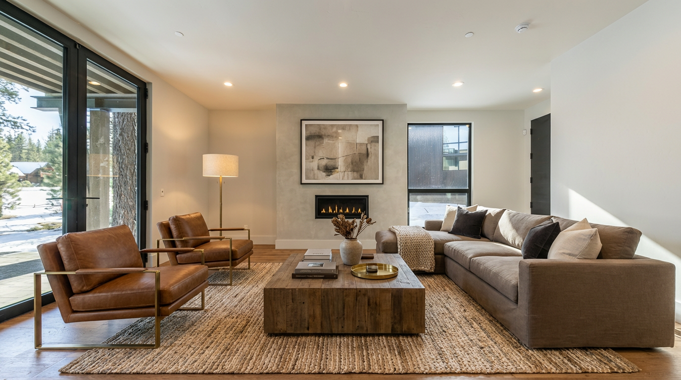 This inviting living room features a neutral color palette with brown furniture and a large area rug. A modern fireplace with artwork above serves as a focal point. Natural light floods the space through large windows, creating a warm and welcoming atmosphere. The room is styled with comfortable seating and a rustic wooden coffee table.