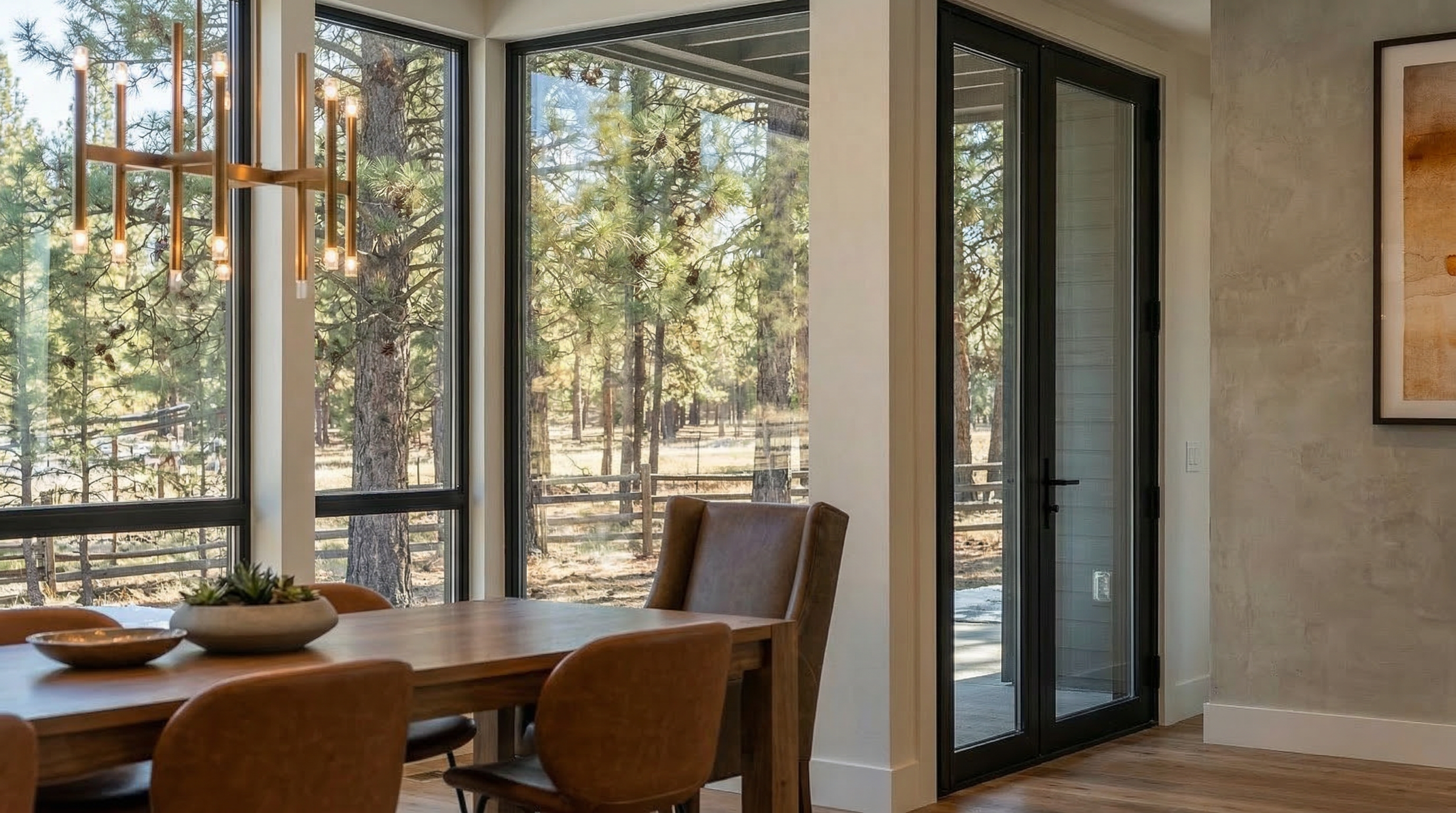 This is an interior shot of a dining room. The room features a wooden dining table with brown chairs, a modern chandelier, and large windows showcasing a view of a wooded area. A pair of glass doors is also visible to the right, adding to the natural light in the room.
