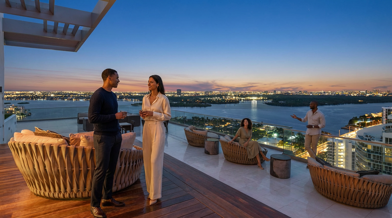 This image showcases a luxurious balcony or patio, likely part of a high-end residential property. It features stylish outdoor furniture, including uniquely designed seating areas perfect for relaxation and socializing. The backdrop is a stunning cityscape at dusk, enhancing the property's appeal with its scenic views and upscale ambiance.