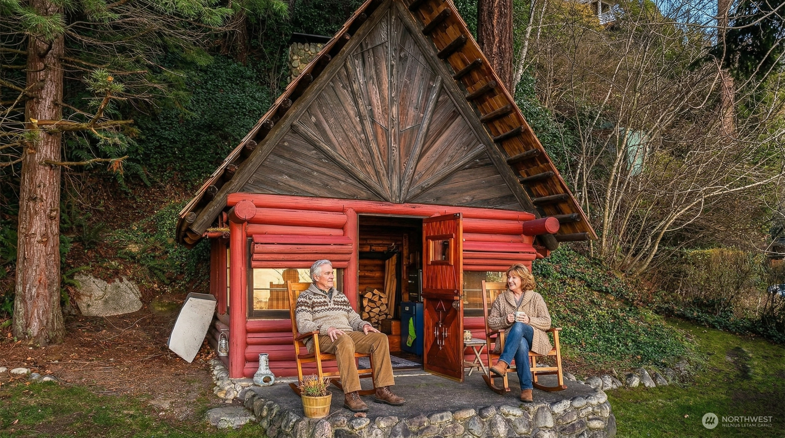 This charming rustic log cabin features a distinctive A-frame roofline and vibrant red exterior walls, creating a cozy and inviting retreat. A couple sits comfortably in rocking chairs on the stone-paved patio, highlighting the serene and peaceful atmosphere of the forested surroundings. The property blends seamlessly with the natural landscape, offering character and a secluded woodland aesthetic ideal for a getaway.