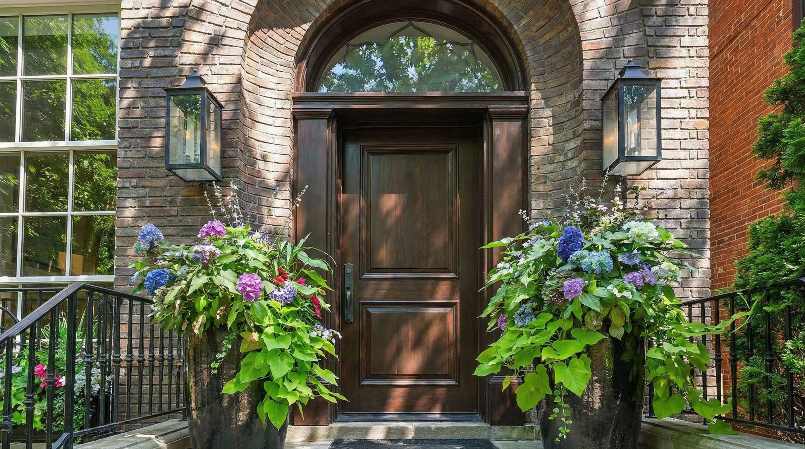 This is an eye-level photo of an elegant entryway featuring a dark-toned wooden door framed by an arched brick facade. Flanking the door are two outdoor lanterns and large planters overflowing with colorful flowers and greenery. The scene exudes curb appeal and suggests a well-maintained, high-end property.