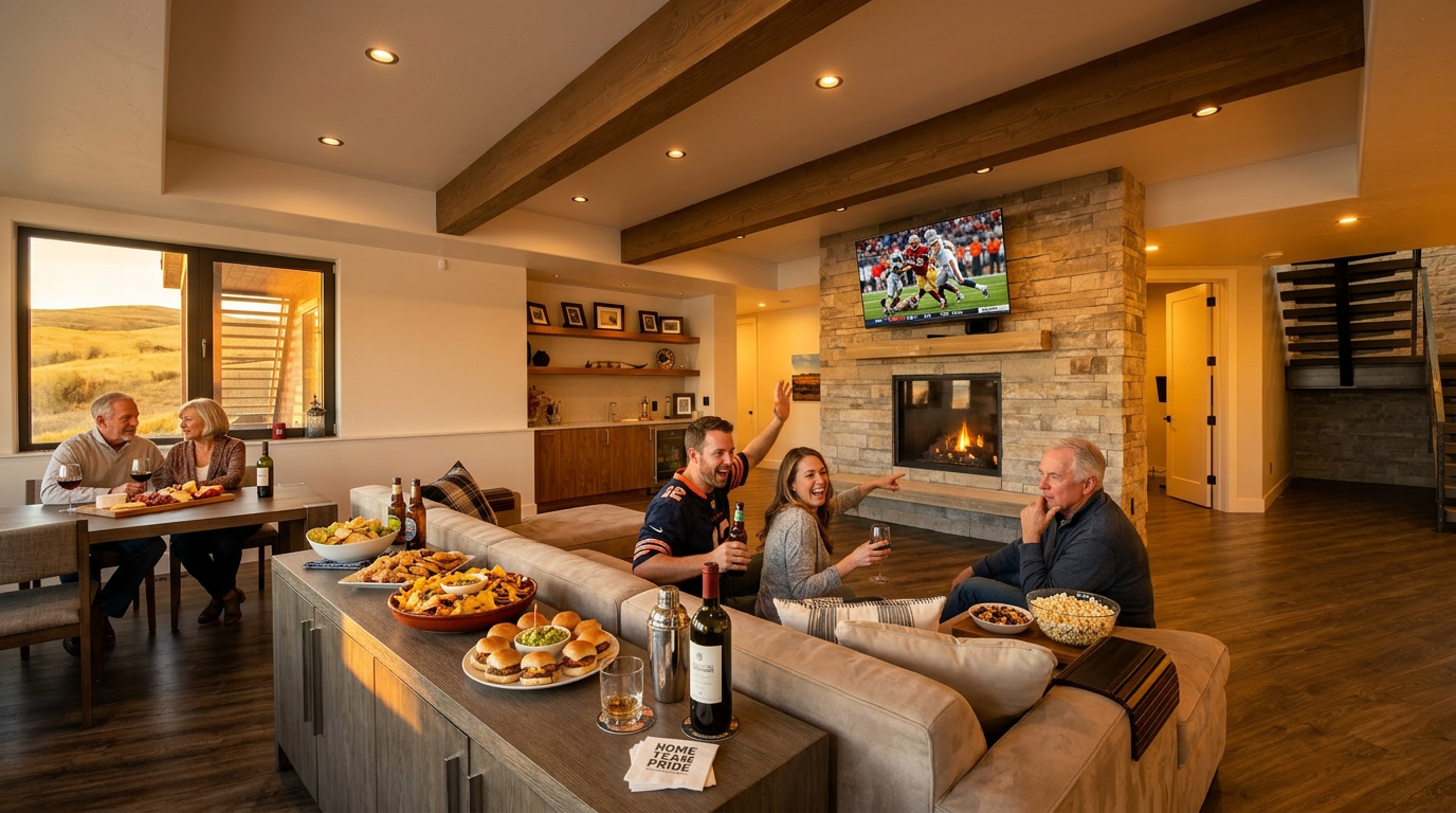 This spacious, open-concept living area features a warm fireplace with a stone facade, rustic exposed wooden ceiling beams, and a comfortable sectional sofa perfect for entertaining. The room transitions seamlessly into a dining area and kitchen, offering a welcoming atmosphere with abundant natural light from large windows that overlook a scenic hillside. These architectural details and the thoughtfully planned layout enhance the appeal of this contemporary home.