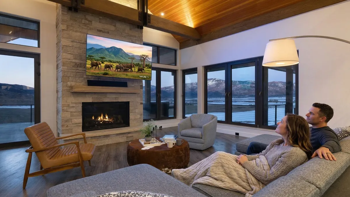 This spacious, open-concept living room features a floor-to-ceiling stone fireplace as a central focal point and high-vaulted ceilings with exposed beams. Large windows frame stunning panoramic mountain views, flooding the room with natural light. The space is elegantly furnished for comfort, blending modern amenities with a rustic, luxurious aesthetic.
