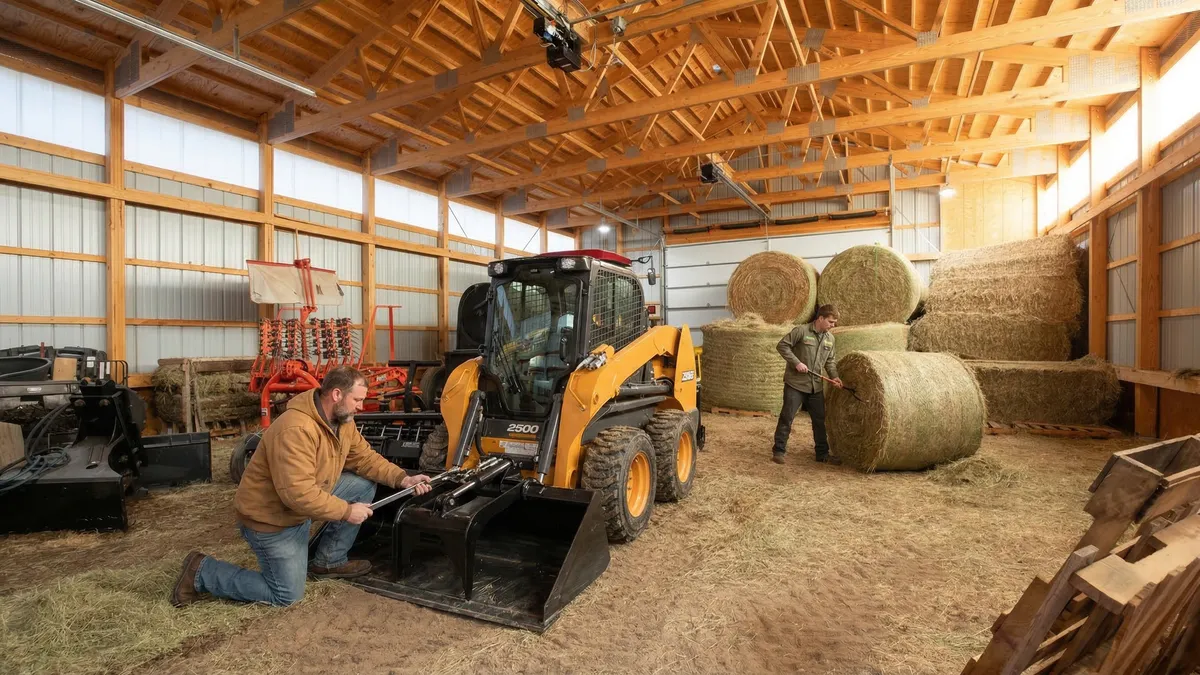This image shows a spacious, well-maintained agricultural storage barn featuring vaulted timber-truss ceilings and clear sight lines. The facility is currently being used for equipment maintenance and hay storage, showcasing its utility for farm or ranch operations. The structure appears functional and durable with its insulated exterior walls and ample floor space.