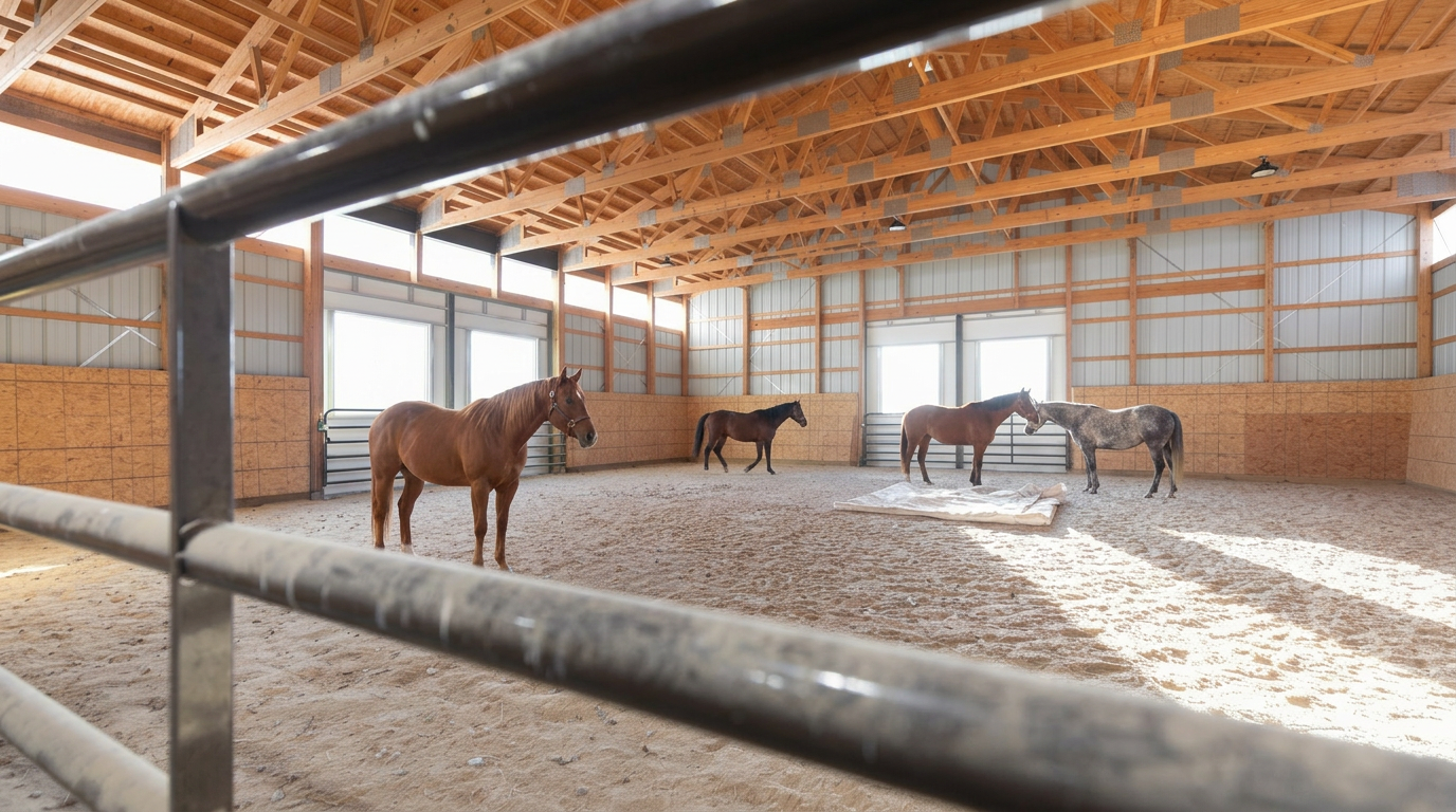 This is an indoor horse riding arena featuring a spacious, dirt-floored exercise area enclosed by wooden walls and high, exposed timber-truss ceilings. The space is brightened by large clerestory windows, and four horses are present within the facility. This functional, well-maintained equestrian space is designed for training and exercise in any weather.