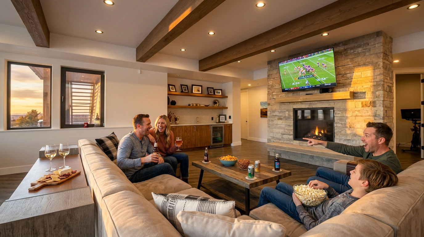 This cozy and inviting living room features warm wood beam ceilings, large windows offering scenic exterior views, and a prominent stone fireplace. The open-concept design includes a built-in bar area and ample seating, making it an ideal space for entertaining. Its modern farmhouse aesthetic combined with comfortable, family-oriented furnishings creates a welcoming atmosphere perfect for relaxing.