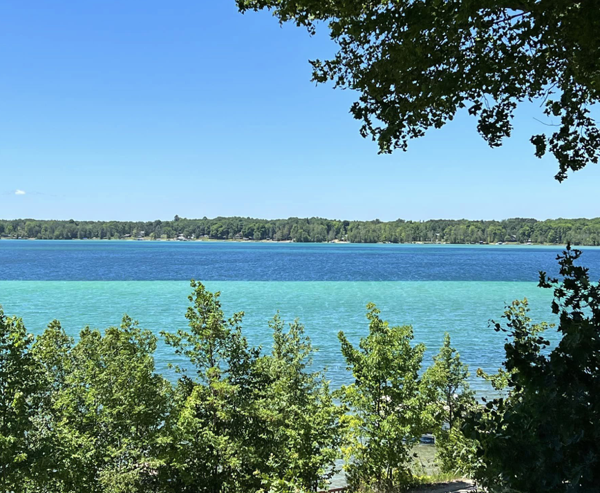 This stunning exterior shot showcases a serene lake view, framed by lush green trees in the foreground and a clear blue sky above. The water transitions from a vibrant turquoise near the shore to a deeper blue in the distance, creating a visually appealing contrast. The scene evokes a sense of tranquility and natural beauty, highlighting the property's desirable waterfront location.