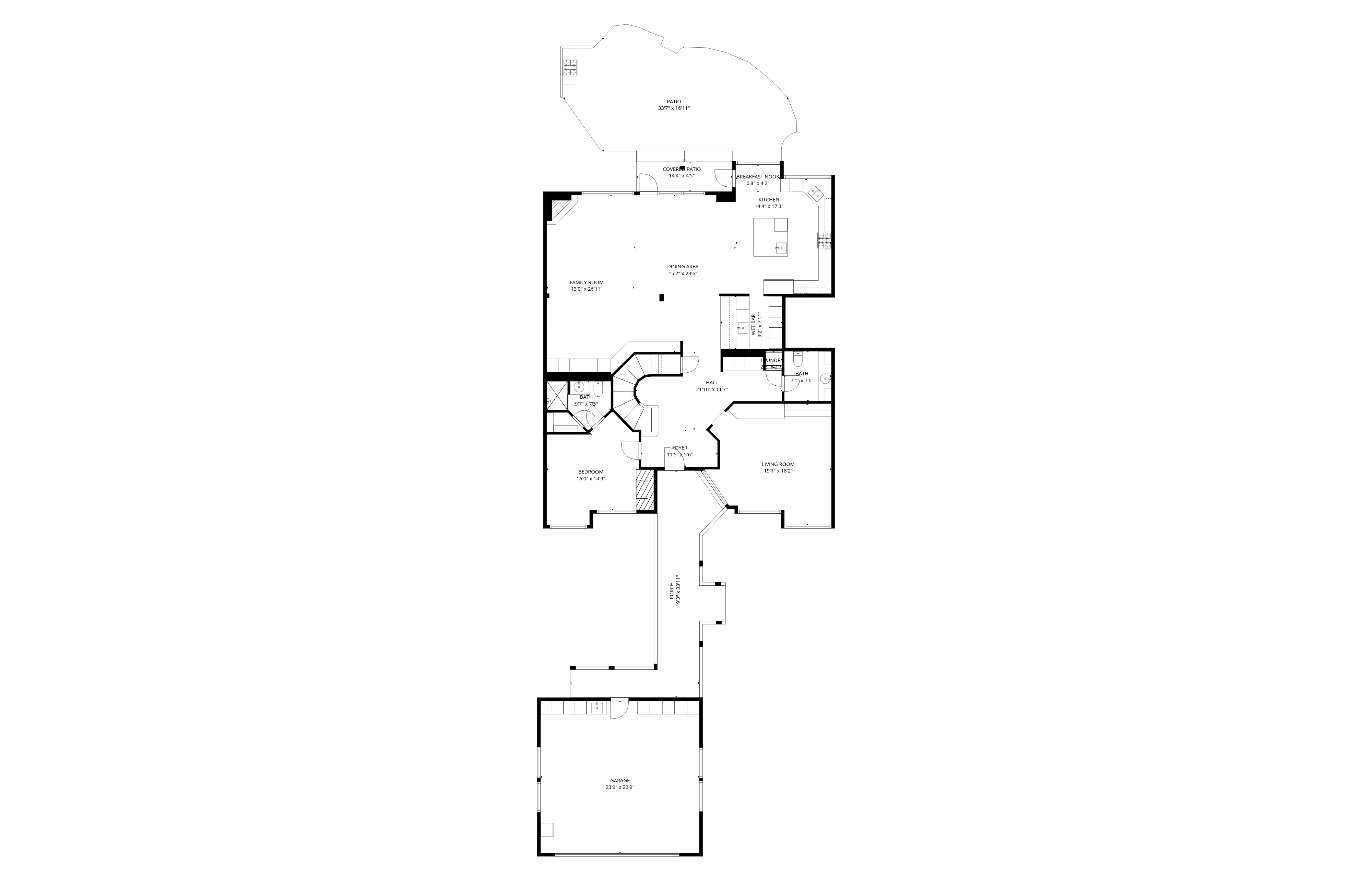 This image presents a detailed floor plan of a house, showcasing the layout of various rooms including the living room, dining area, kitchen, bedrooms, bathrooms, and garage. The plan also includes outdoor spaces like the patio and porch, providing a comprehensive overview of the property's structure and dimensions. The floor plan is presented from a top-down perspective, offering a clear view of the spatial relationships between different areas of the home.