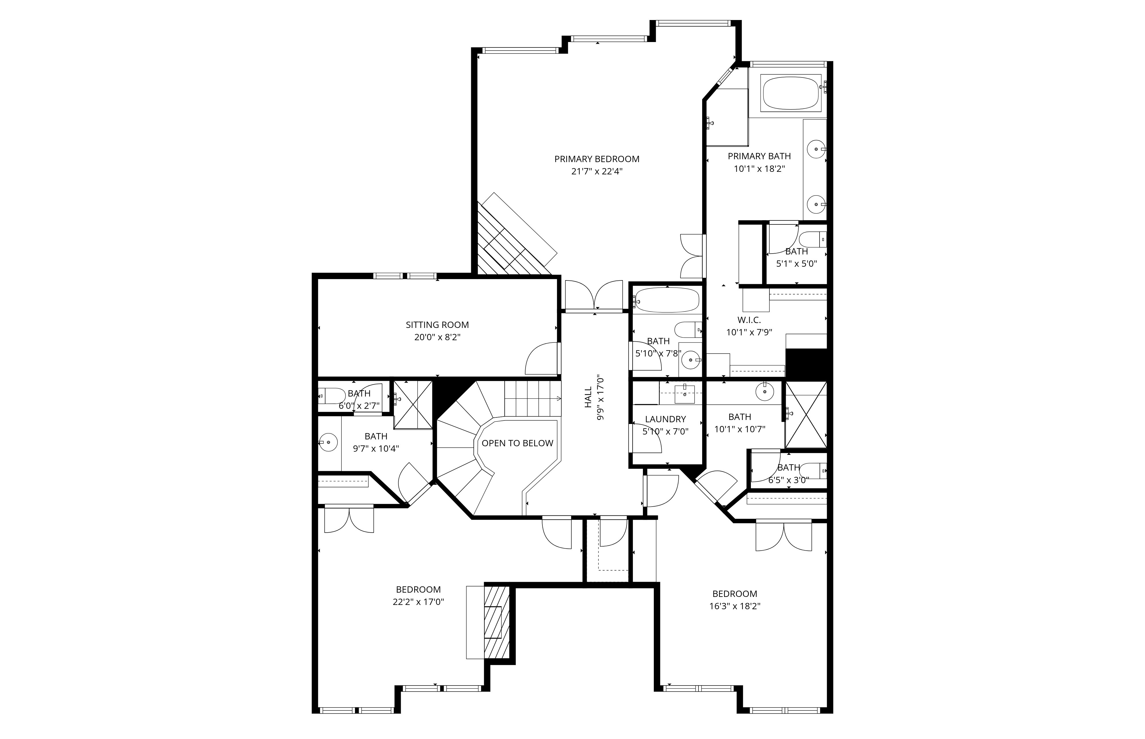 This is a floor plan of a two-story house, showcasing the layout of rooms and hallways. The primary bedroom is spacious, and there are multiple bathrooms and bedrooms. The floor plan includes dimensions for each room, providing a clear understanding of the property's layout.