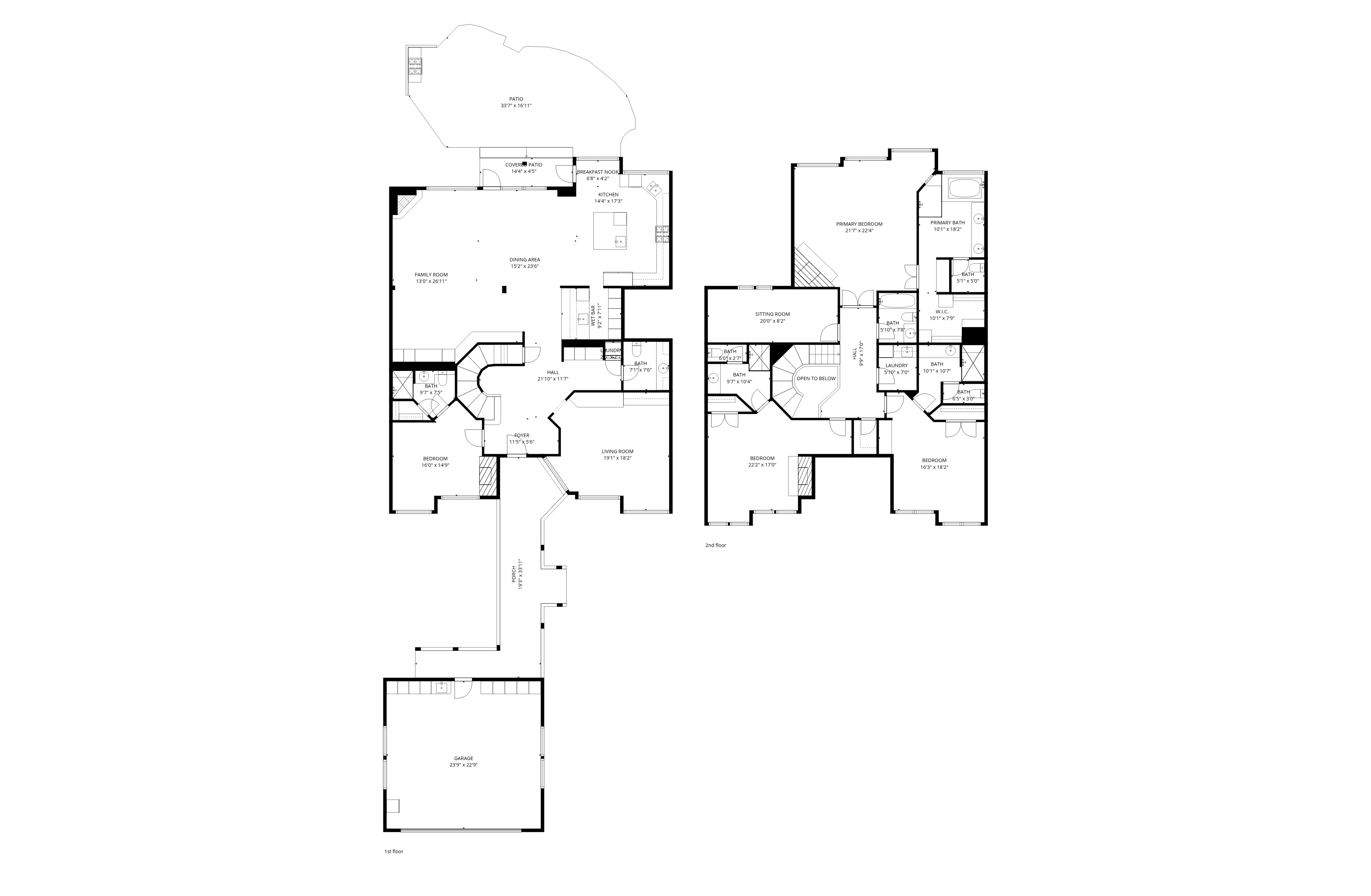 This image presents a detailed floor plan of a two-story house, showcasing the layout of rooms on both the first and second floors. The plan includes labeled areas such as the garage, living room, bedrooms, bathrooms, kitchen, and patio, providing a comprehensive overview of the property's structure and spatial arrangement. The floor plan is designed to give potential buyers a clear understanding of the home's layout and dimensions.