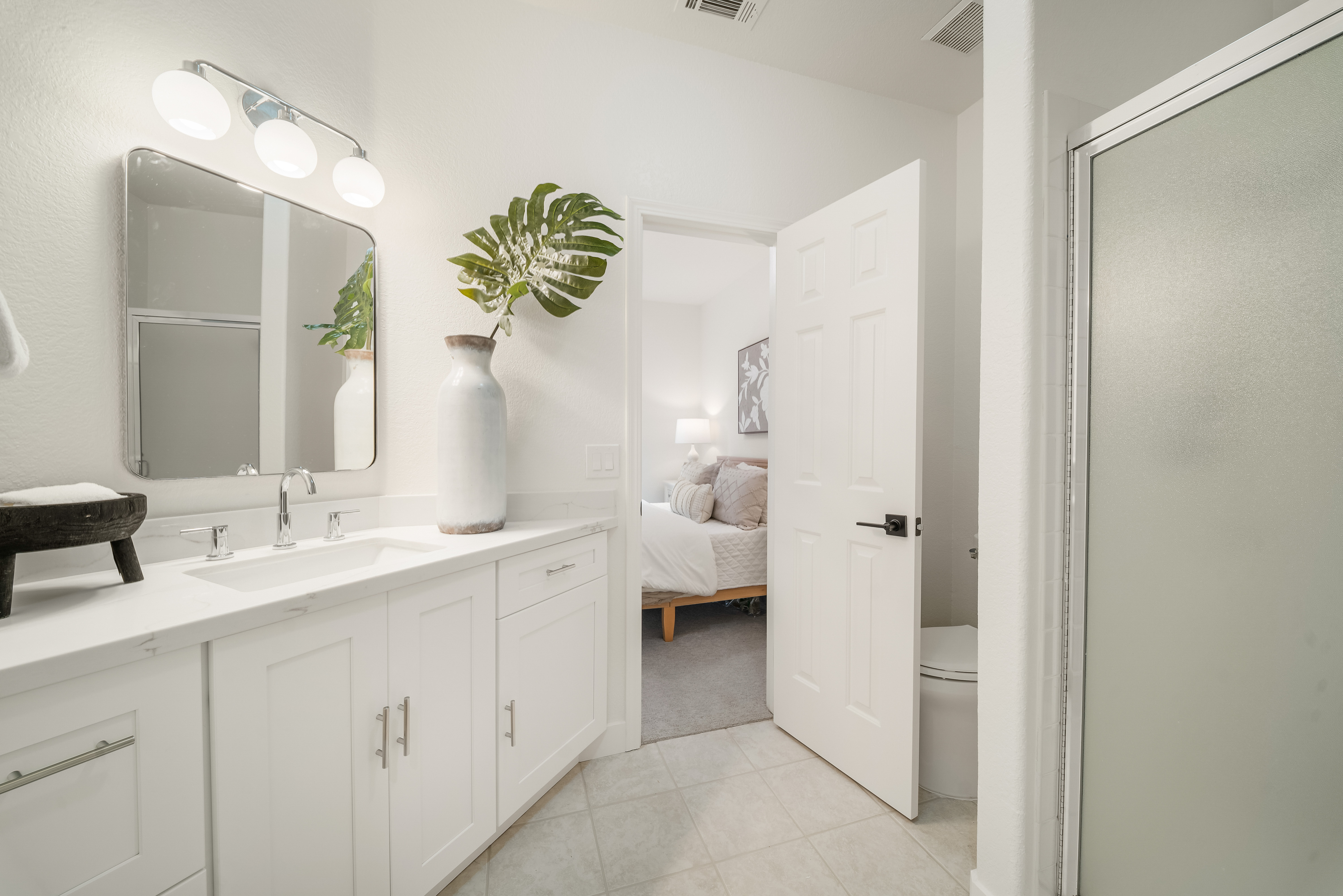 This bright and clean bathroom features a white vanity with a stone countertop, a rectangular mirror, and a three-light fixture. A large decorative leaf in a tall vase adds a touch of greenery to the space, while a white door leads into an adjacent bedroom. The perspective captures the vanity area, the doorway, and a glimpse of the shower enclosure on the right.