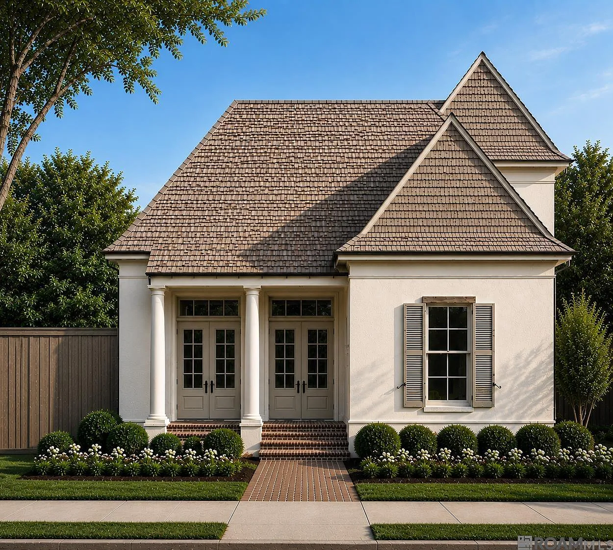 This charming, symmetrical cottage-style home features a light-colored stucco facade and a steep, textured shingle roof. The front entrance is defined by two sets of double glass doors flanked by classical columns, leading to a brick-paved porch. Manicured boxwood hedges and a neat brick walkway enhance the curb appeal, creating a welcoming and polished aesthetic.