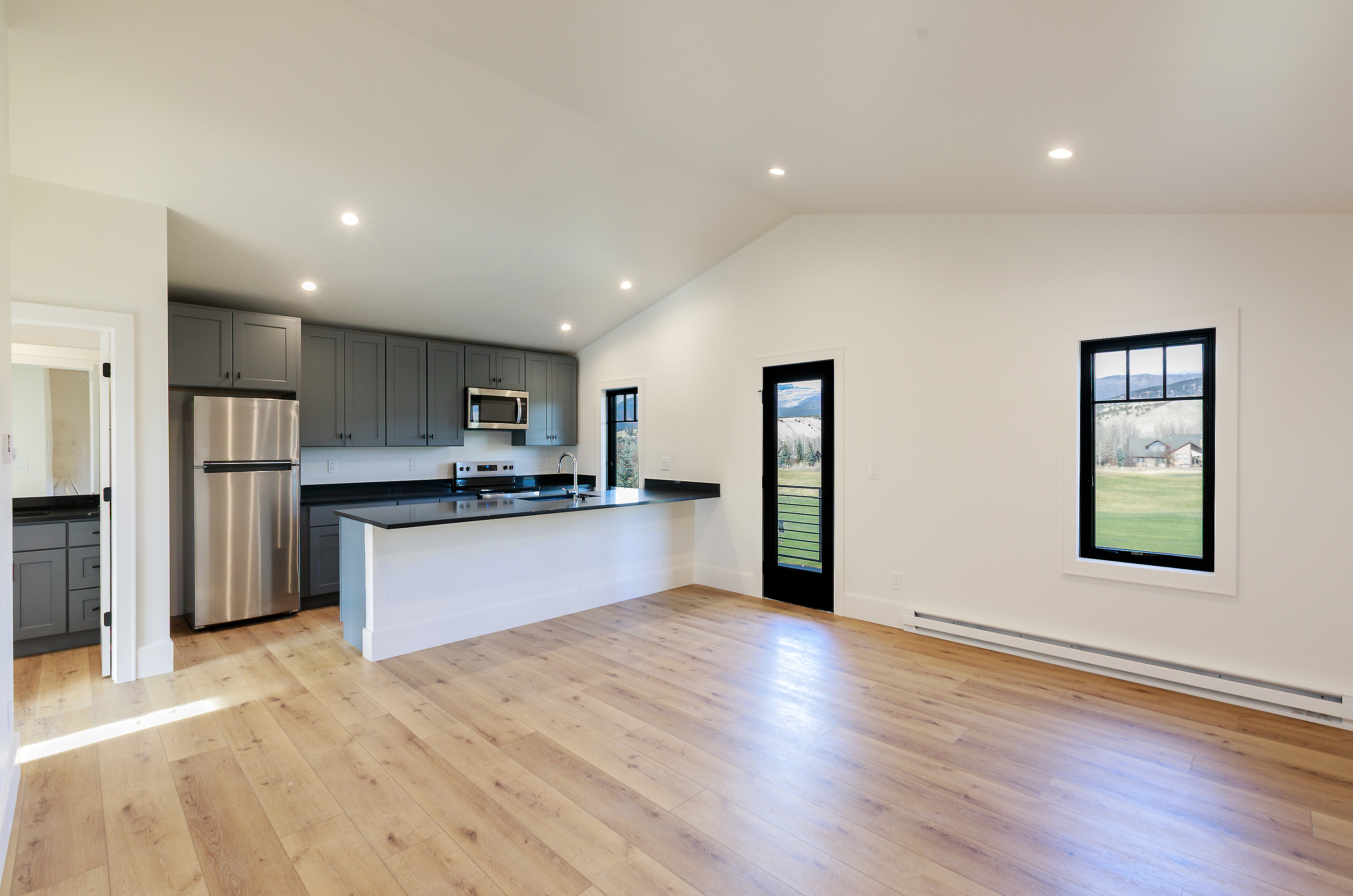 This is an interior shot of a modern kitchen and living area. The kitchen features gray cabinets, stainless steel appliances, and a black countertop island with a white base. The living area has light wood flooring, white walls, and black-framed windows and a door, creating a bright and open space.