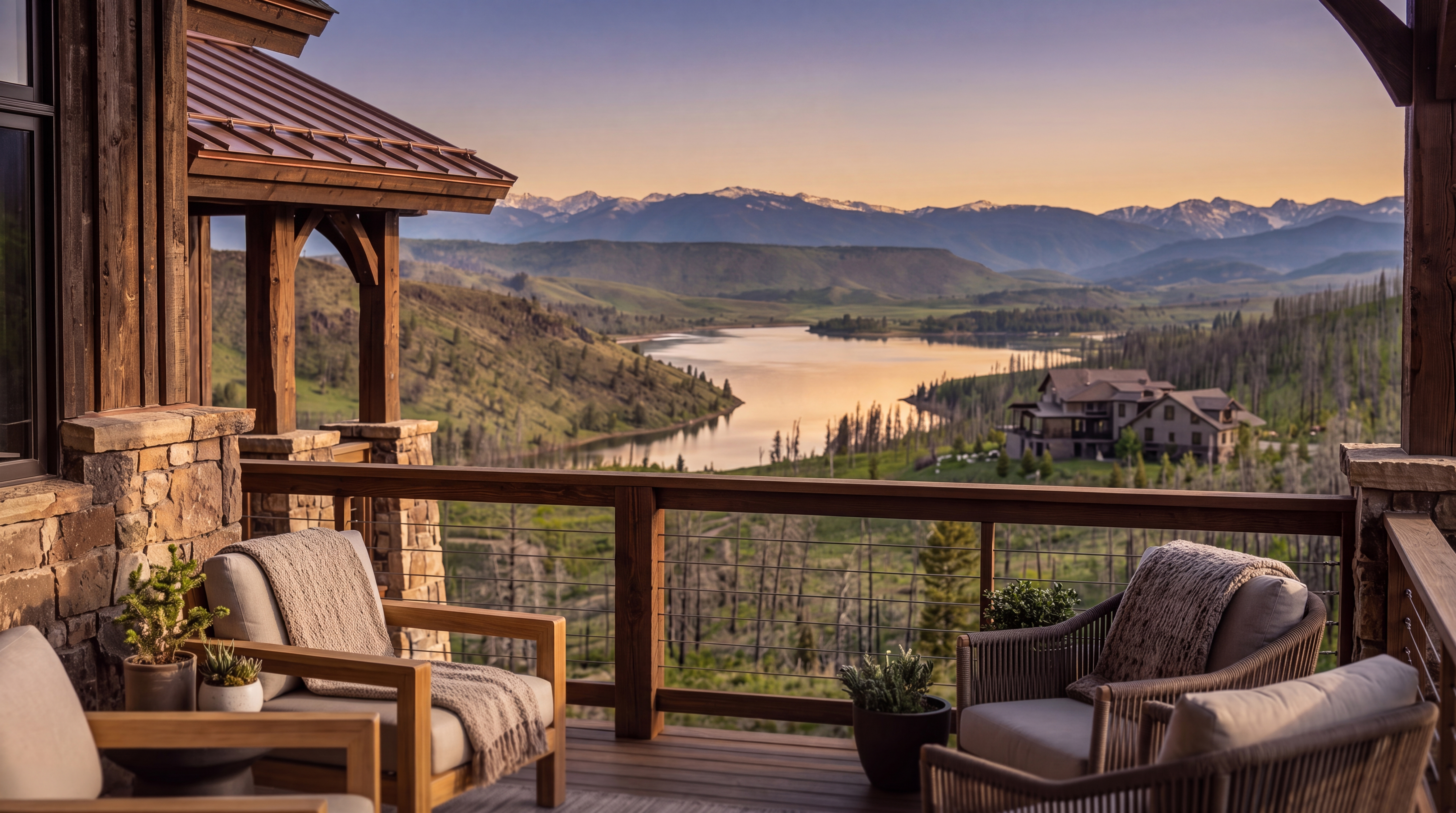 This expansive covered deck offers a breathtaking panoramic view of a serene lake nestled within a mountainous landscape at sunset. The space is furnished with comfortable lounge chairs featuring plush cushions and draped throws, creating an inviting atmosphere for relaxation. The rustic aesthetic is defined by natural stone pillars, warm wood structural elements, and a cable railing that ensures an unobstructed view of the scenic surroundings.